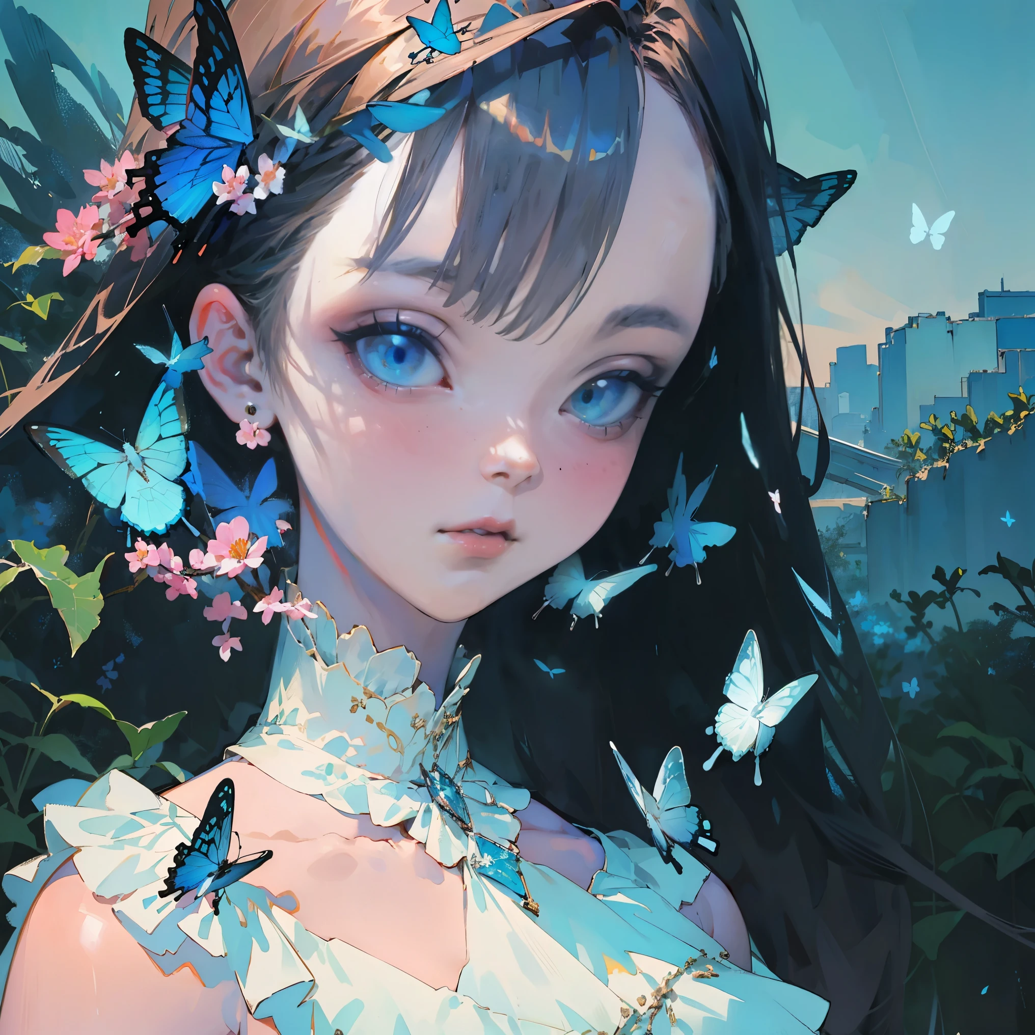 (top quality, masterpiece, super realistic), portrait of one beautiful and delicate girl with a soft and sad expression, the landscape in the background is a garden with flowering bushes and butterflies flying around in blue tones.