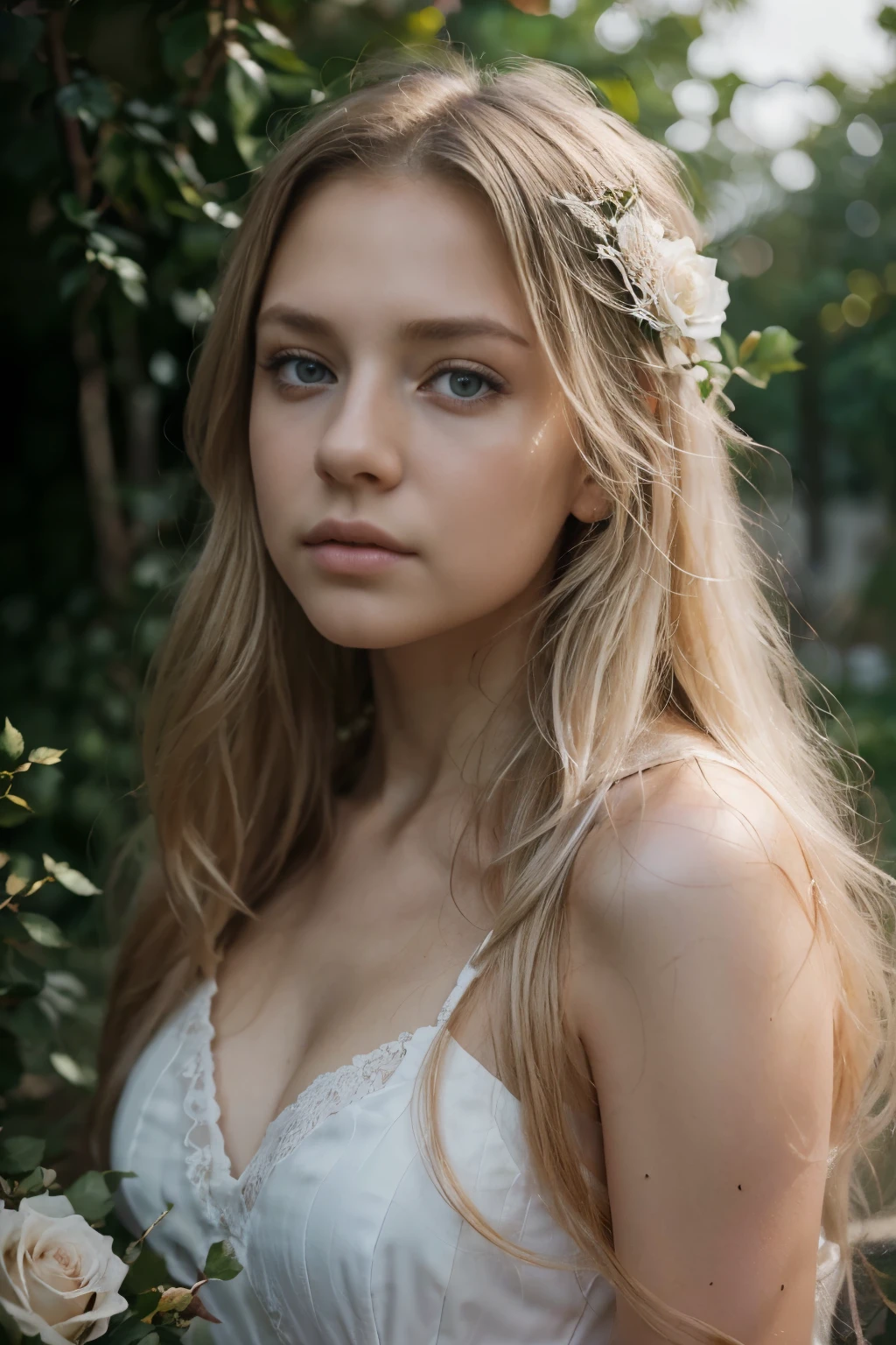 (best quality,8k,ultra-detailed,masterpiece:1.2),beautiful and aesthetic,hyperrealism,photography, Beautiful girl, teenager, Grey eyes, long blonde hair, sad expression,  garden Of White roses, Soft light.