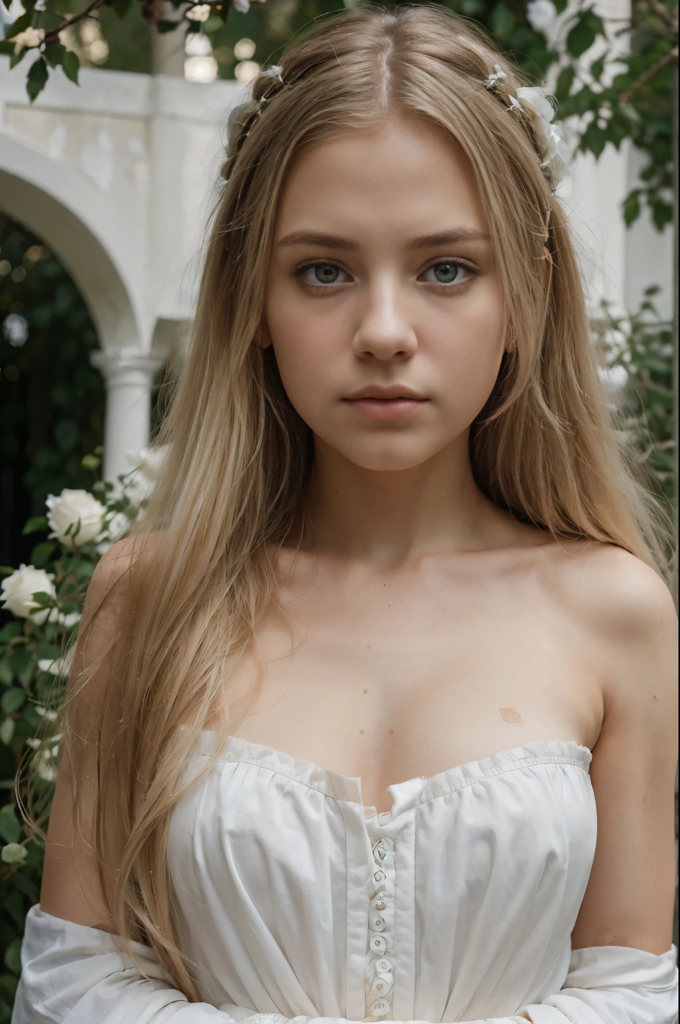 (best quality,8k,ultra-detailed,masterpiece:1.2),beautiful and aesthetic,hyperrealism,photography, Beautiful girl, teenager, Grey eyes, long blonde hair, sad expression,  garden Of White roses, Soft light.
