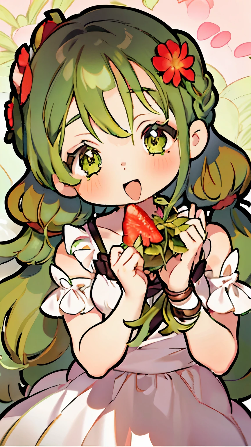 a girl anime girl with lots of green hair and strawberries around her, 1girl, green eyes, solo, green hair, braid, twin braids, flower, long hair, dress, hair ornament, smile, short sleeves, looking at viewer, food, hair flower, blush, strawberry hair ornament, frills, open mouth