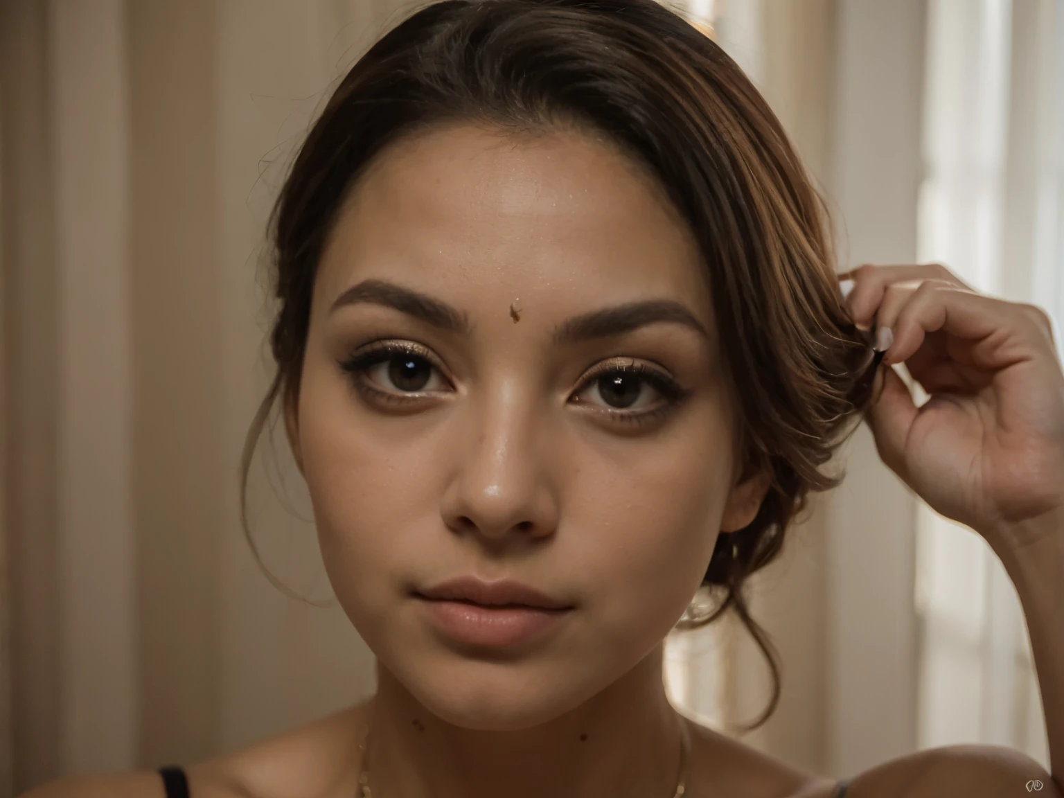 Fotografia realista do rosto de uma garota, com pele fina, Nariz perfeito, big perfect eyes and perfect lips