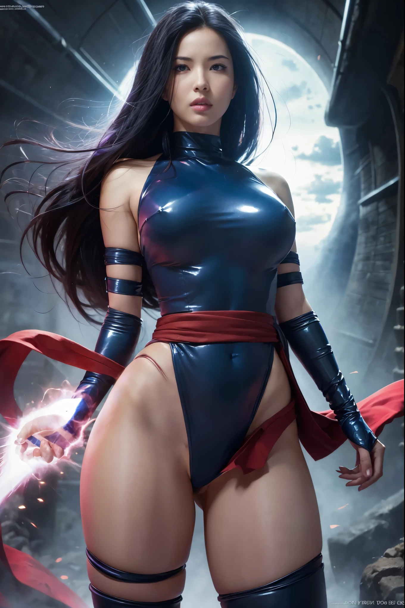 Art image of Olivia Munn as Psylocke, busty, beautiful, dark blue costume with red sash at her waist black hair, large breasts, by Louis Royo, Boris Vallejo, J. Scott Campbell, extreme focus, sharp details, sexy,  oily skin, show feet, full body