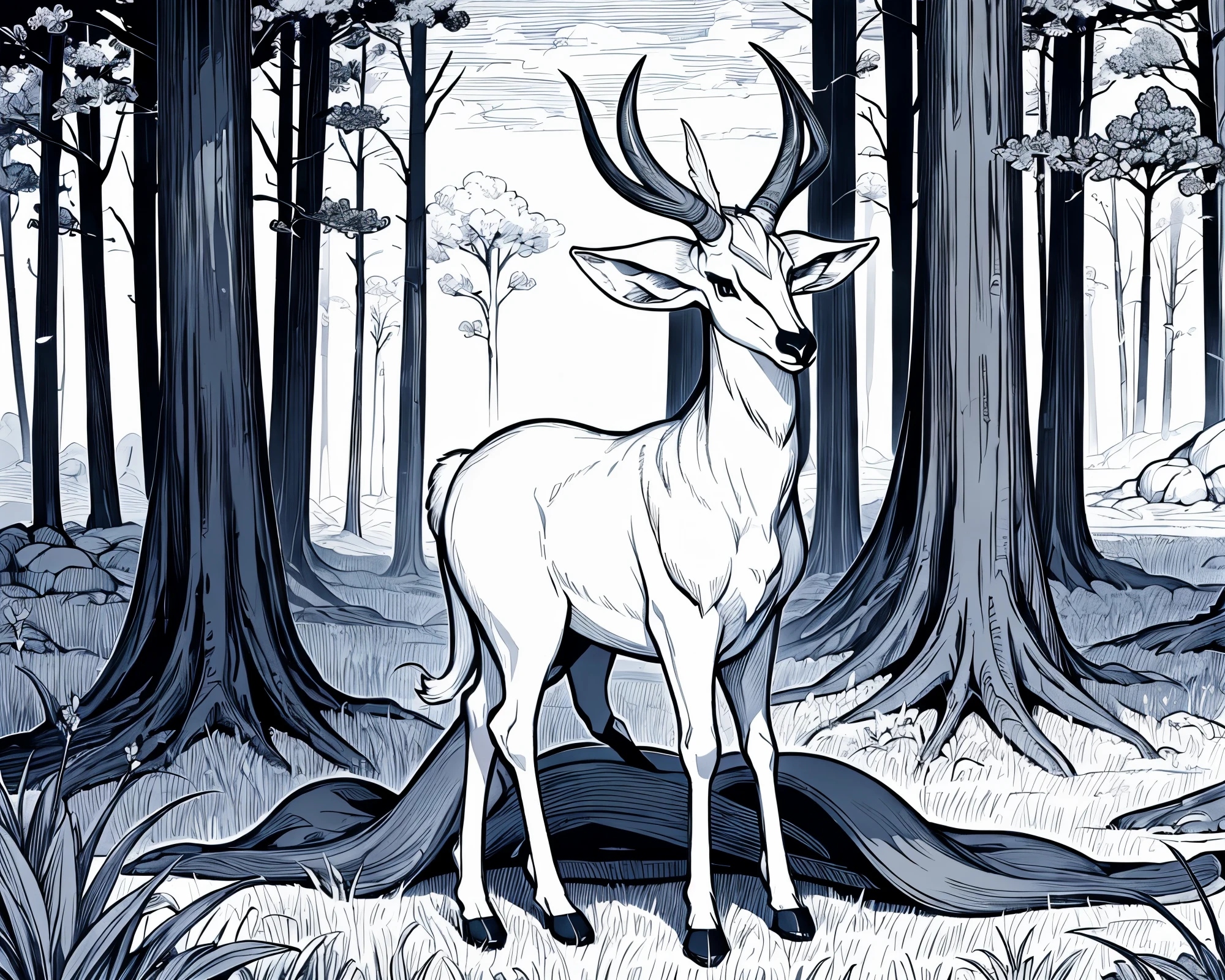 cartoon, thick lines, low detail, black and white, no shading , no colour , Generate an image of a realistic antelope standing gracefully in its natural habitat. The antelope should have long, slender legs, a slender body, and curved horns. It should be depicted in a peaceful and serene pose, perhaps grazing on grass or looking out into the distance. The background should include elements of its natural habitat, such as grasslands, trees, or savannahs. The lighting should be soft and natural, with warm tones to evoke a sense of warmth and tranquility
