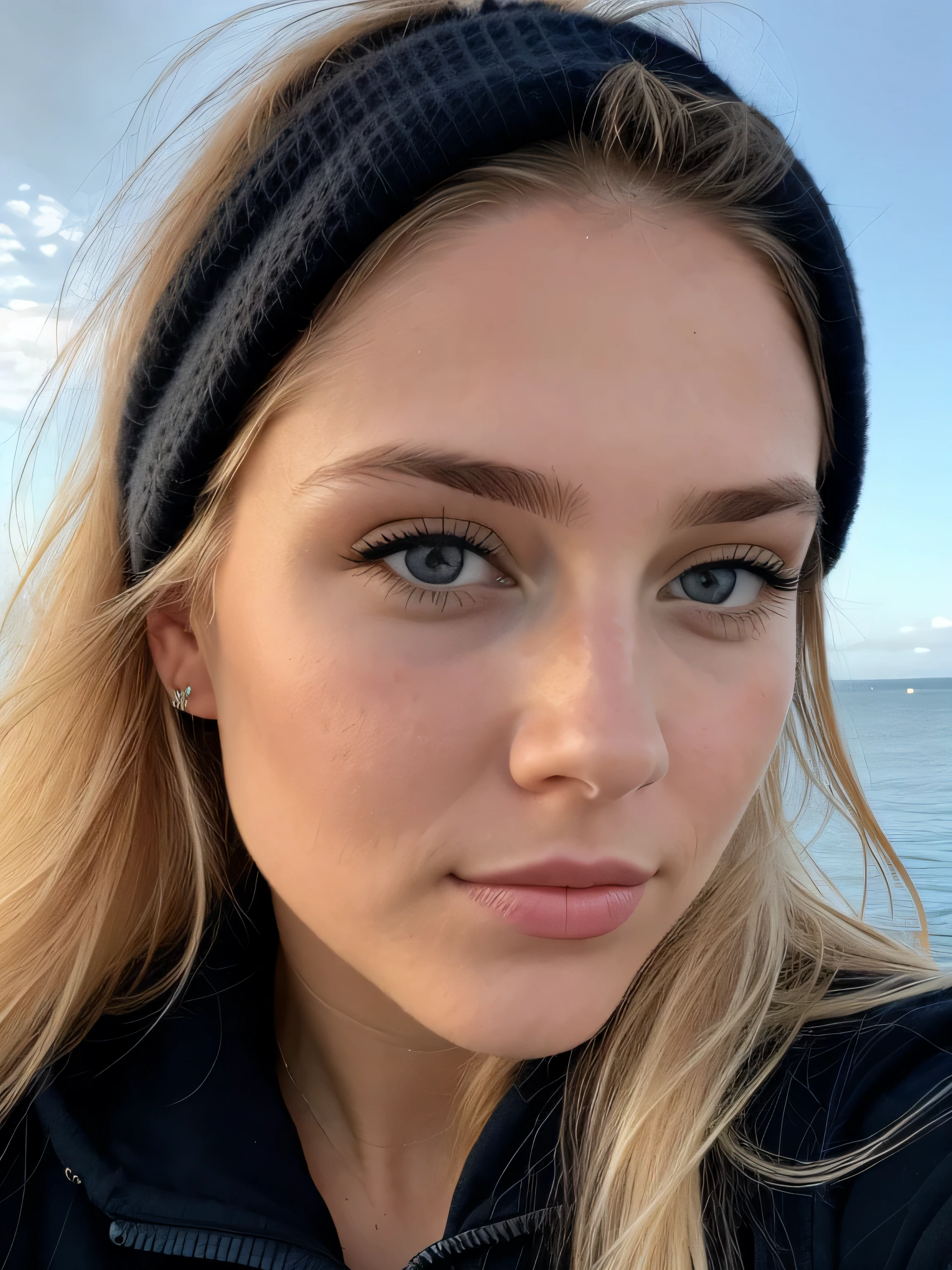 une femme blonde de 23 ans prend un selfie en plein air au soleil, The sea in the background, on voit la mer dans le fond de l'image, la mer couvre tout le fond, Photorealism, Blonde Hair with Light Brown Roots, cheveux blond, Cheveux avec des racines brunes, Very long hair, yeux bleus, belle femme, vue de face, Extreme close-up of the face, zoom sur le visage, elle porte un blouson noir d'hiver, high quality, selfie, her hair is tied behind her head with a ponytail, her hair is stuck to her head