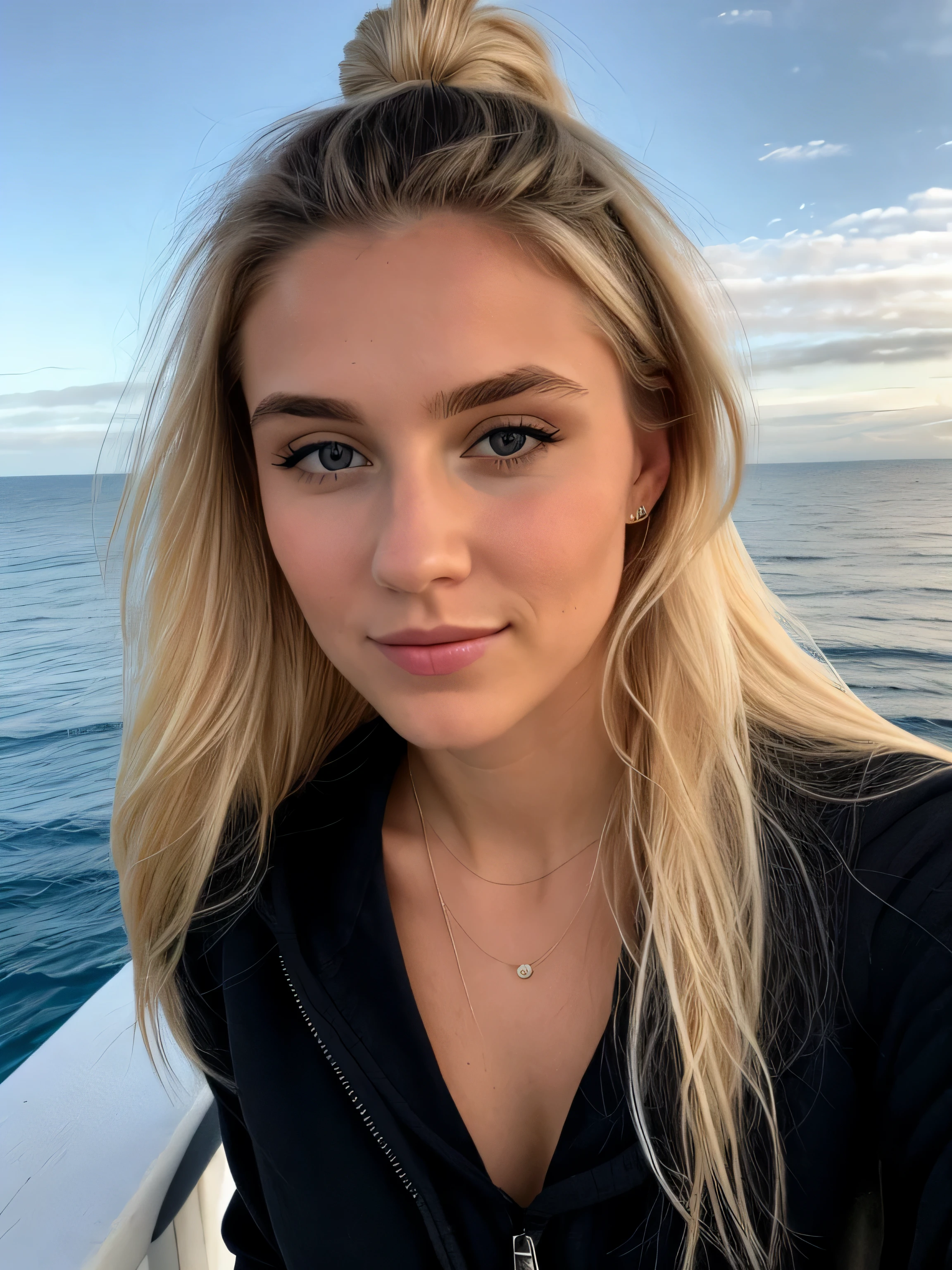 une femme blonde de 23 ans prend un selfie en plein air au soleil, The sea in the background, on voit la mer dans le fond de l'image, la mer couvre tout le fond, Photorealism, Blonde Hair with Light Brown Roots, cheveux blond, Cheveux avec des racines brunes, Very long hair, yeux bleus, belle femme, vue de face, Extreme close-up of the face, zoom sur le visage, elle porte un blouson ???? d'hiver, high quality, selfie, her hair is tied behind her head with a ponytail, her hair is stuck to her head