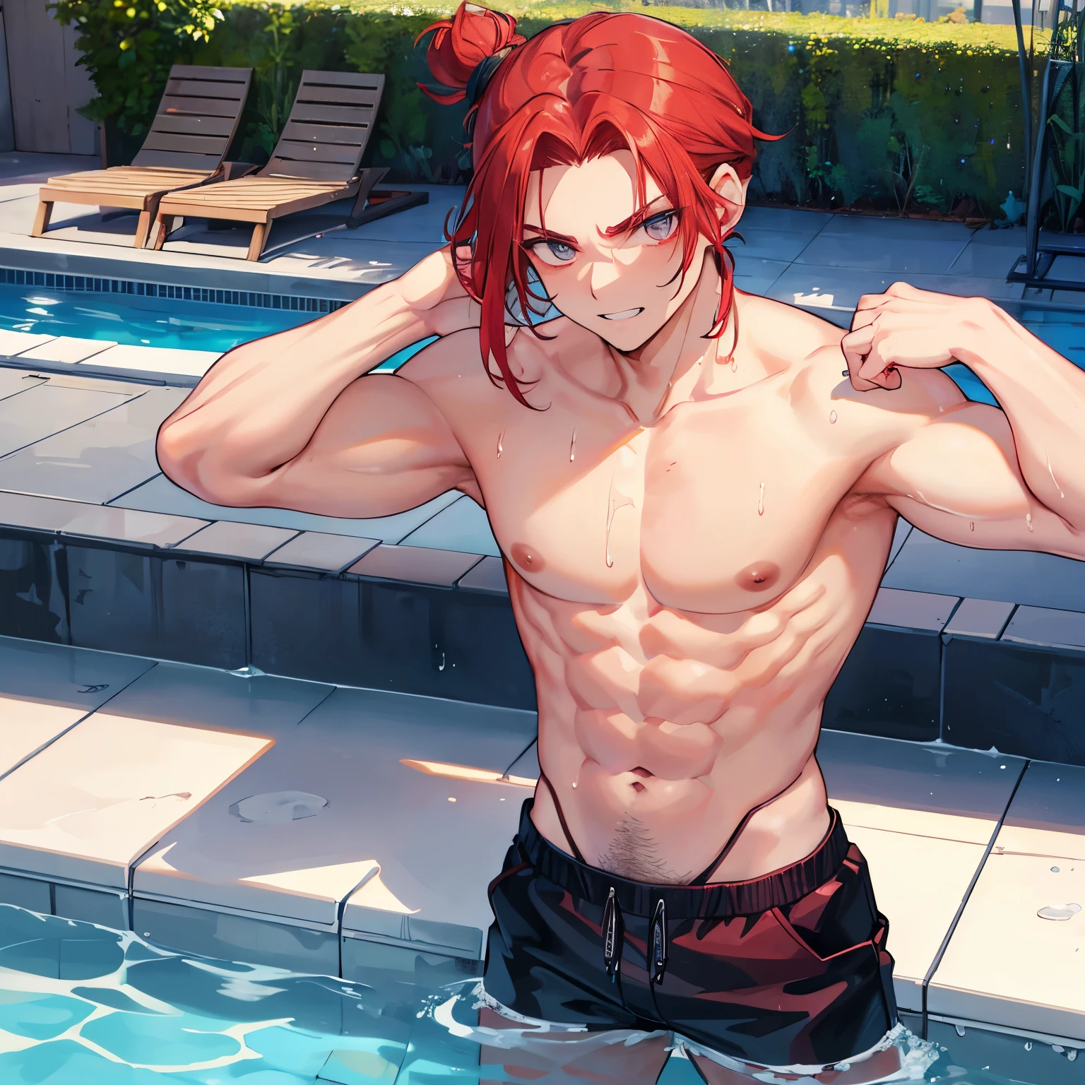 Create a slightly muscular red-haired man character with a Man Bun hairstyle, with little fangs, bare chested with wet clothes in the swimming pool with a coll pose