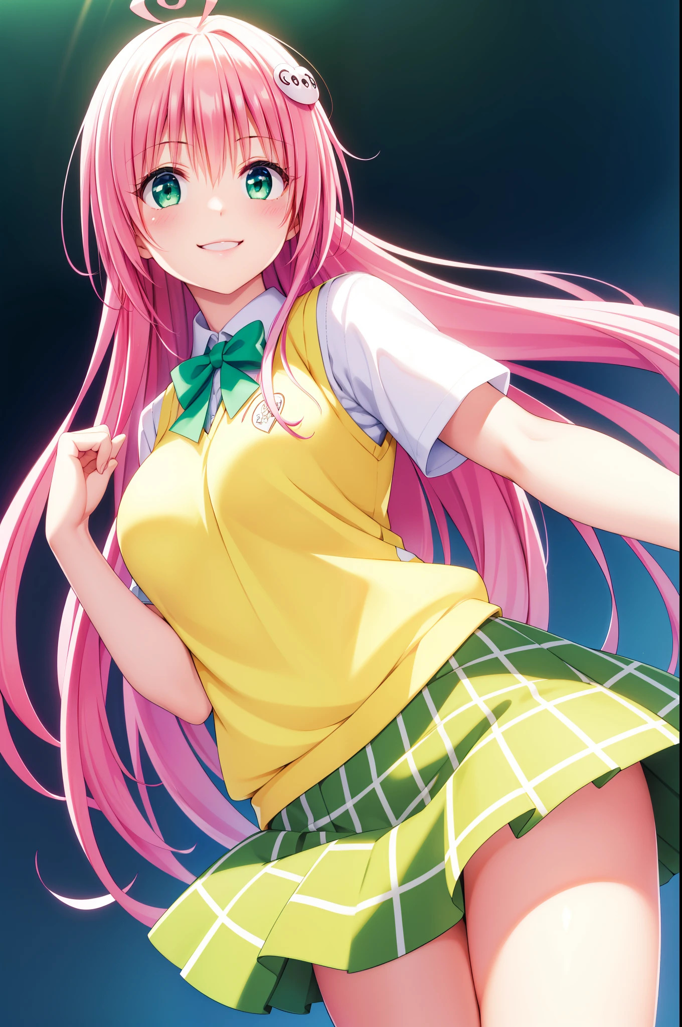 bangs, long hair, green eyes, hair between eyes, hair ornaments, pink hair, Ahoge, 最高のsmile, low person, (white shirt:1.3),  (Yellow vest:1.3), light blue bow tie, Upper body, (Green checked skirt:1.3), highest quality, High resolution, unity 8k wallpaper, (shape:0.8), (beautiful and detailed eyes:1.3), highly detailed face, perfect lighting, Detailed CG, (perfect hands, perfect anatomy), smile, face up