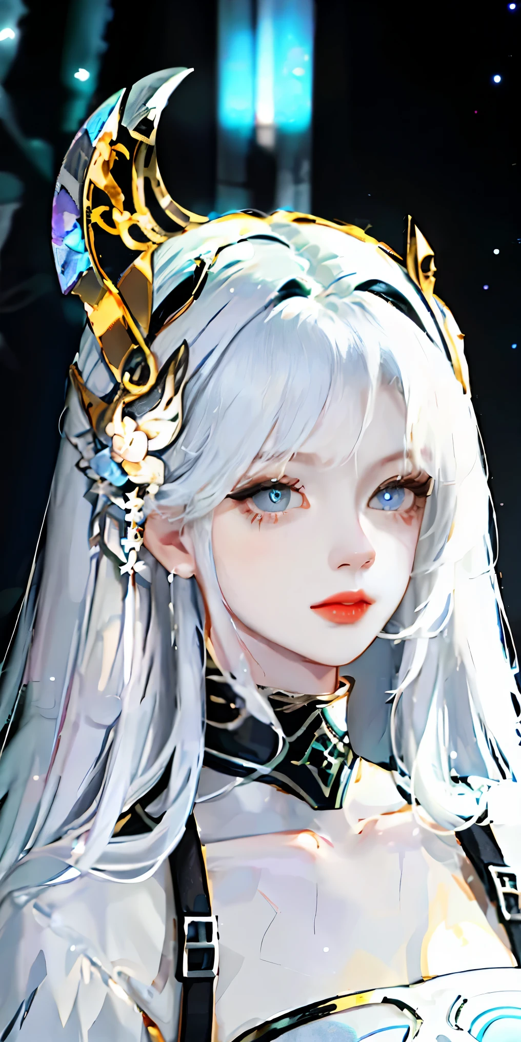 1girl,White hair,O cabelo multicolorido,blue color eyes,Wear a mask on your head,Sideslit,light particules,the wallpaper,Need,