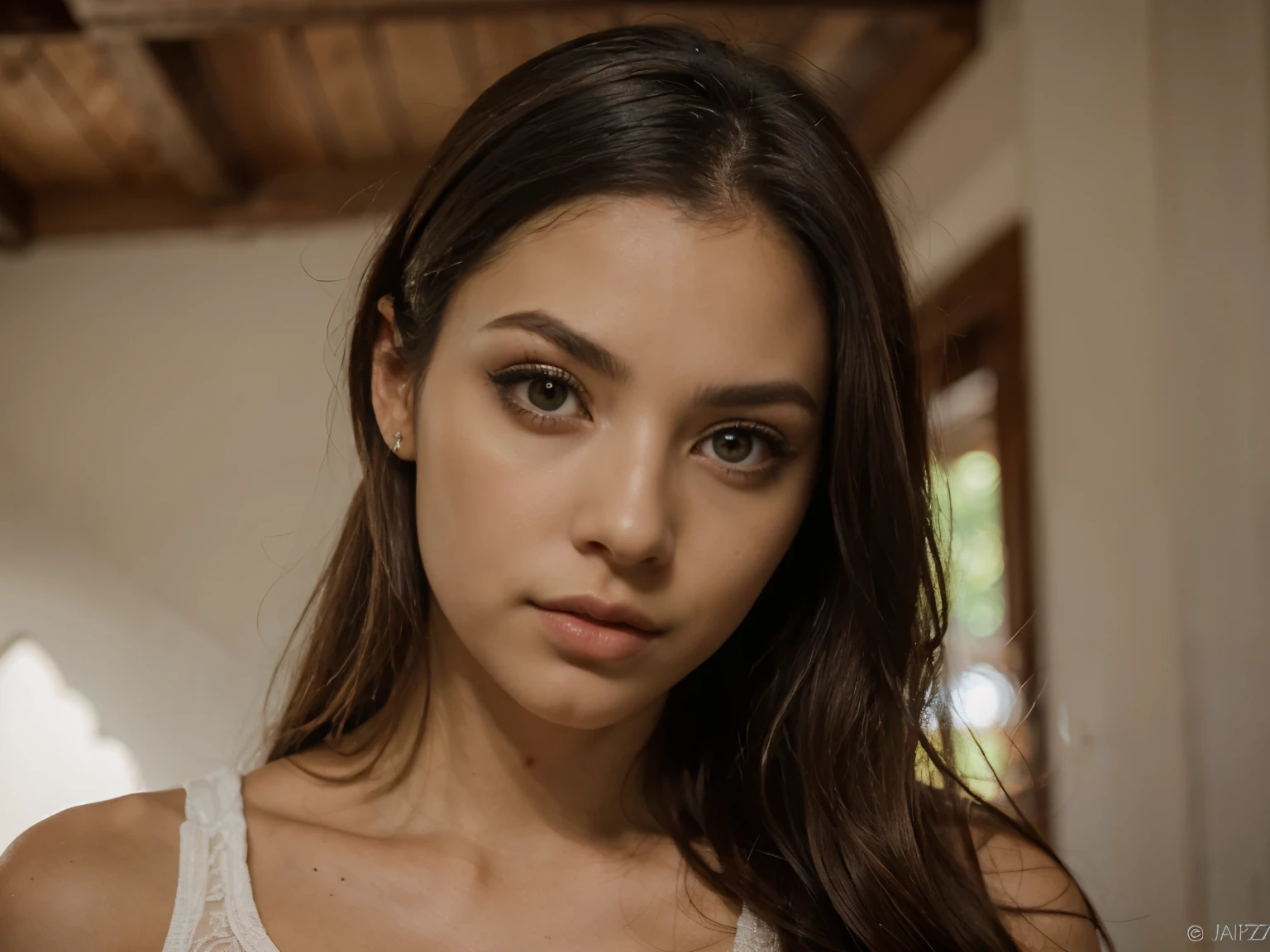 Fotografia realista do rosto de uma garota, com pele fina, Nariz perfeito, big perfect eyes and perfect lips