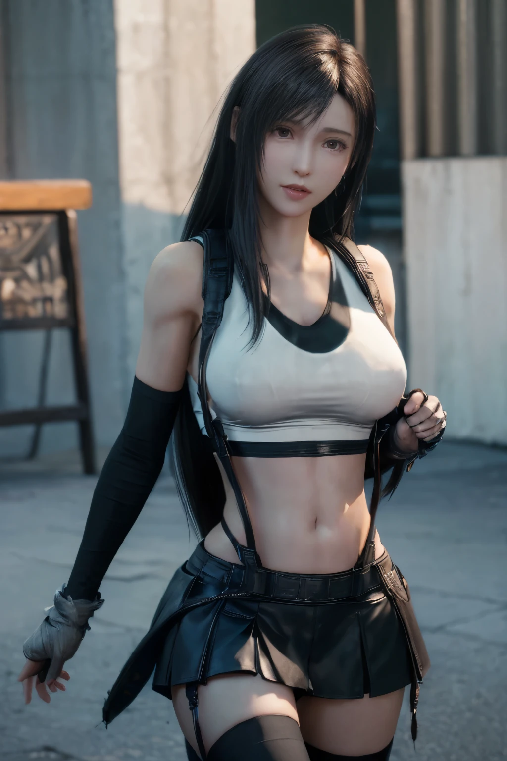 add_detail:1 (8k), (Highest Quality) (A masterpiece:1.2), (Realistic), (Photorealistic:1.3) Super detailed ((tifa lockhart)), ((The highest possible quality)), ((out in the city)) Sexy woman with (sharp-focus) (Motion blur, and depth of field composition) ((black thighhighs)) ((navel piercing))