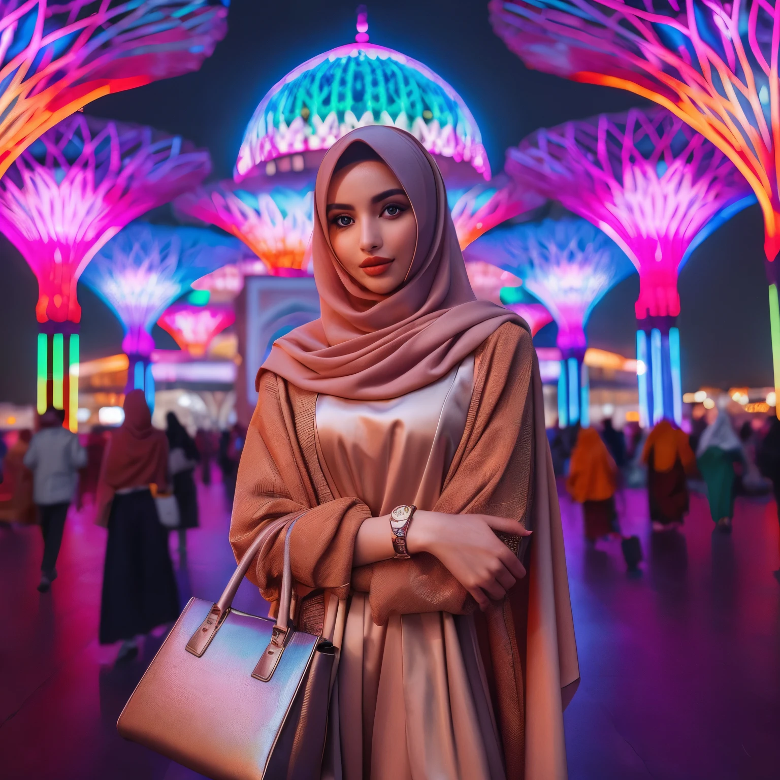 a woman in a hijab stands in a large open space, arabian beauty, beautiful arab woman, hijab, beautiful aesthetic, attractive girl, with beautiful colors, arabian princess, beautiful woman, beautiful, with beautiful exotic, beautiful female