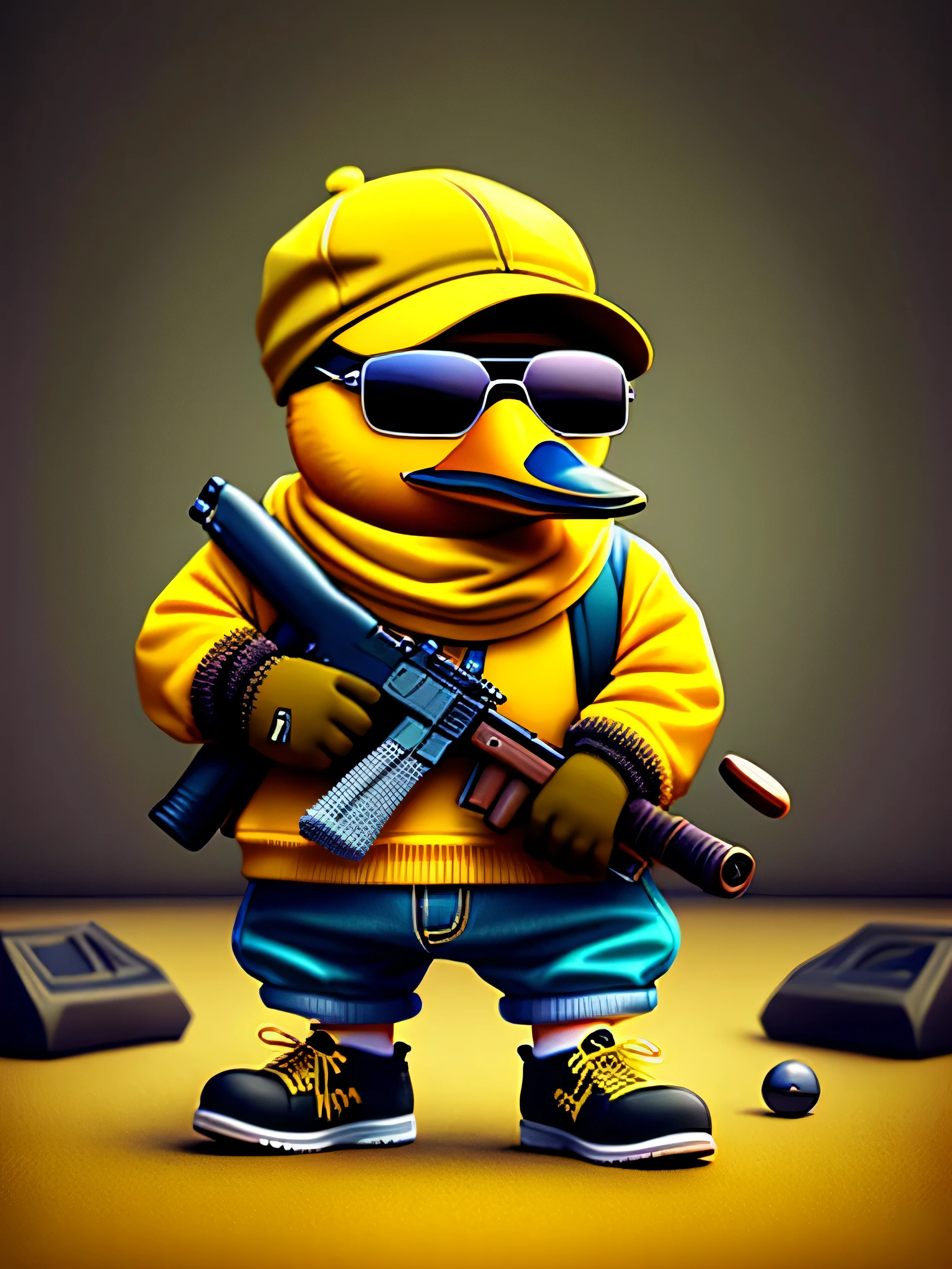 picture of a yellow duck wearing scarf, baseball. cap, sunglasses, mean look, toting an AK-47 gun, art station trend, dressed in hipster clothes, hyper realistic detailed rendering, urban gang member, urban style, intimidating pose, mean duck, urban gangster, quack.