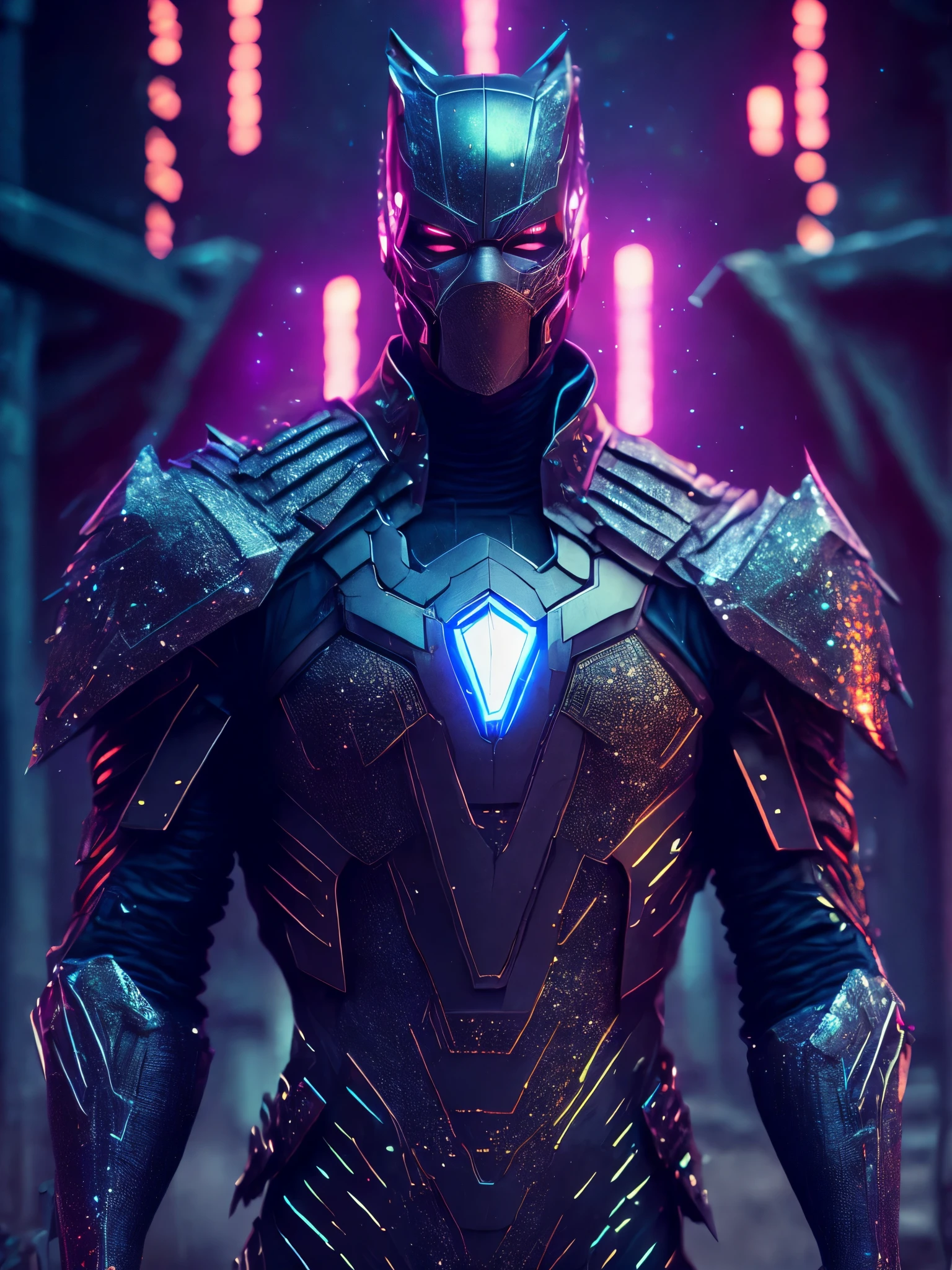 Full body Grim portrait of the Marvel made of a glitterry metal skin with intricate angular cybernetic implants inside a brutalist building, gothic brutalist graveyard, cyberpunk, Foto premiada, Bokeh, Neon lights, cybernetic, fireworks in the background.