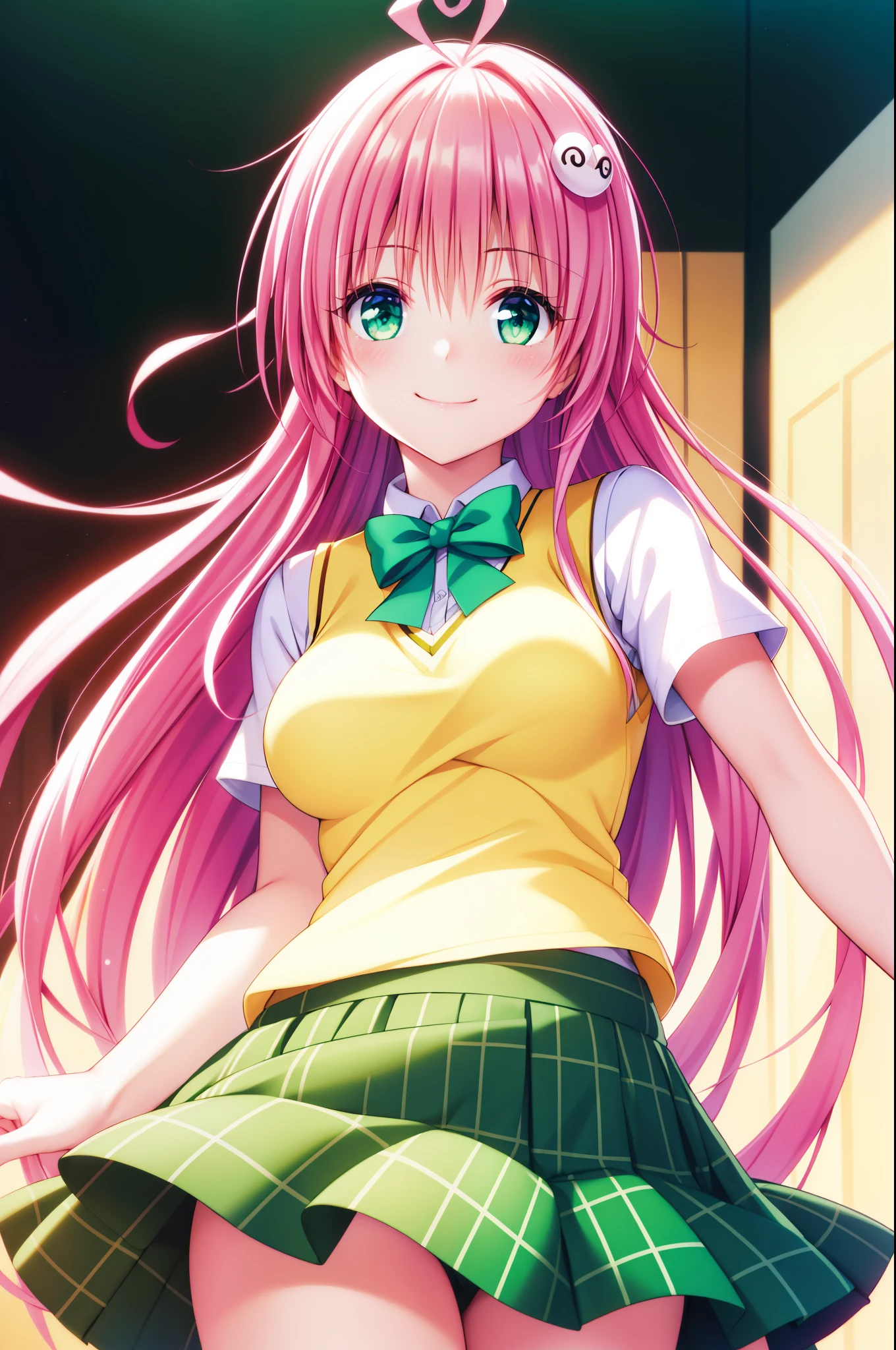 bangs, long hair, green eyes, hair between eyes, hair ornaments, pink hair, Ahoge, 最高のsmile, low person, (white shirt:1.3),  (Yellow vest:1.3), light blue bow tie, Upper body, (green check skirt:1.3), highest quality, High resolution, unity 8k wallpaper, (shape:0.8), (beautiful and detailed eyes:1.3), highly detailed face, perfect lighting, Detailed CG, (perfect hands, perfect anatomy), smile, look up