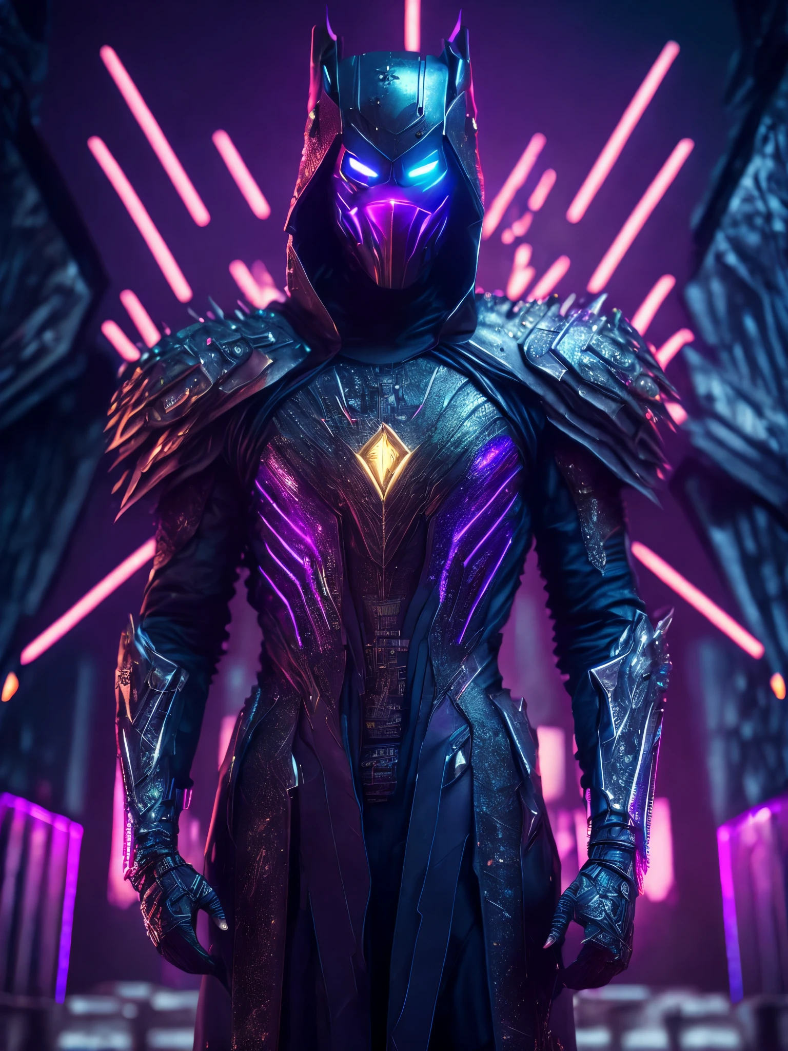 Full body Grim portrait of the Marvel made of a glitterry metal skin with intricate angular cybernetic implants inside a brutalist building, gothic brutalist graveyard, cyberpunk, Foto premiada, Bokeh, Neon lights, cybernetic, fireworks in the background.