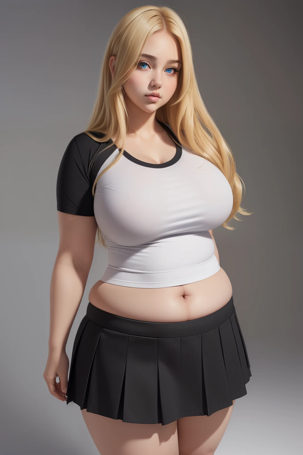 masterpiece, (photorealistic), (8k wallpaper) , (best quality), perfect quality, solo, (detailed eyes:0.9), girl, blonde hair, very beautiful, face : ( very beautiful face, perfect face, cute face, plump face, young ) , figure: ( very full body, very thicc, very plump, very soft, very curvy, sexy, sexy pose, very chubby, chubby belly, navel, love handles, muffin top, big deep navel, thunder thighs, fed up) , clothes : ( tight school uniform, tight short black miniskirt, tight shirt )