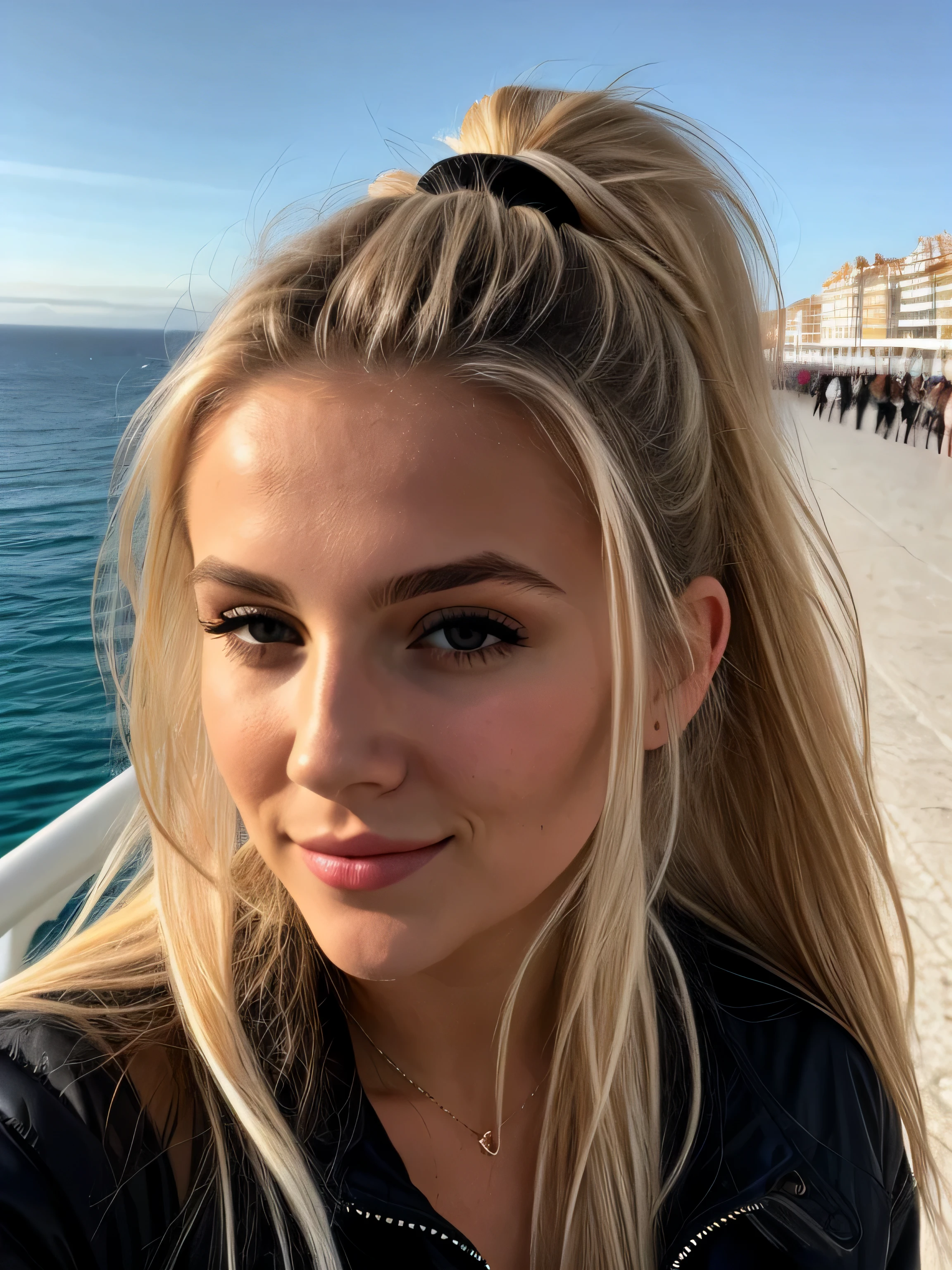 une femme blonde de 23 ans prend un selfie en plein air au soleil, on the Promenade des Anglais in Nice, la mer couvre tout le fond, Photorealism, Blonde Hair with Light Brown Roots, cheveux blond, Cheveux avec des racines brunes, Very long hair, yeux bleus, belle femme, vue de face, Extreme close-up of the face, zoom sur le visage, elle porte un blouson ???? d'hiver, high quality, selfie, her hair is tied behind her head with a ponytail, her hair is stuck to her head