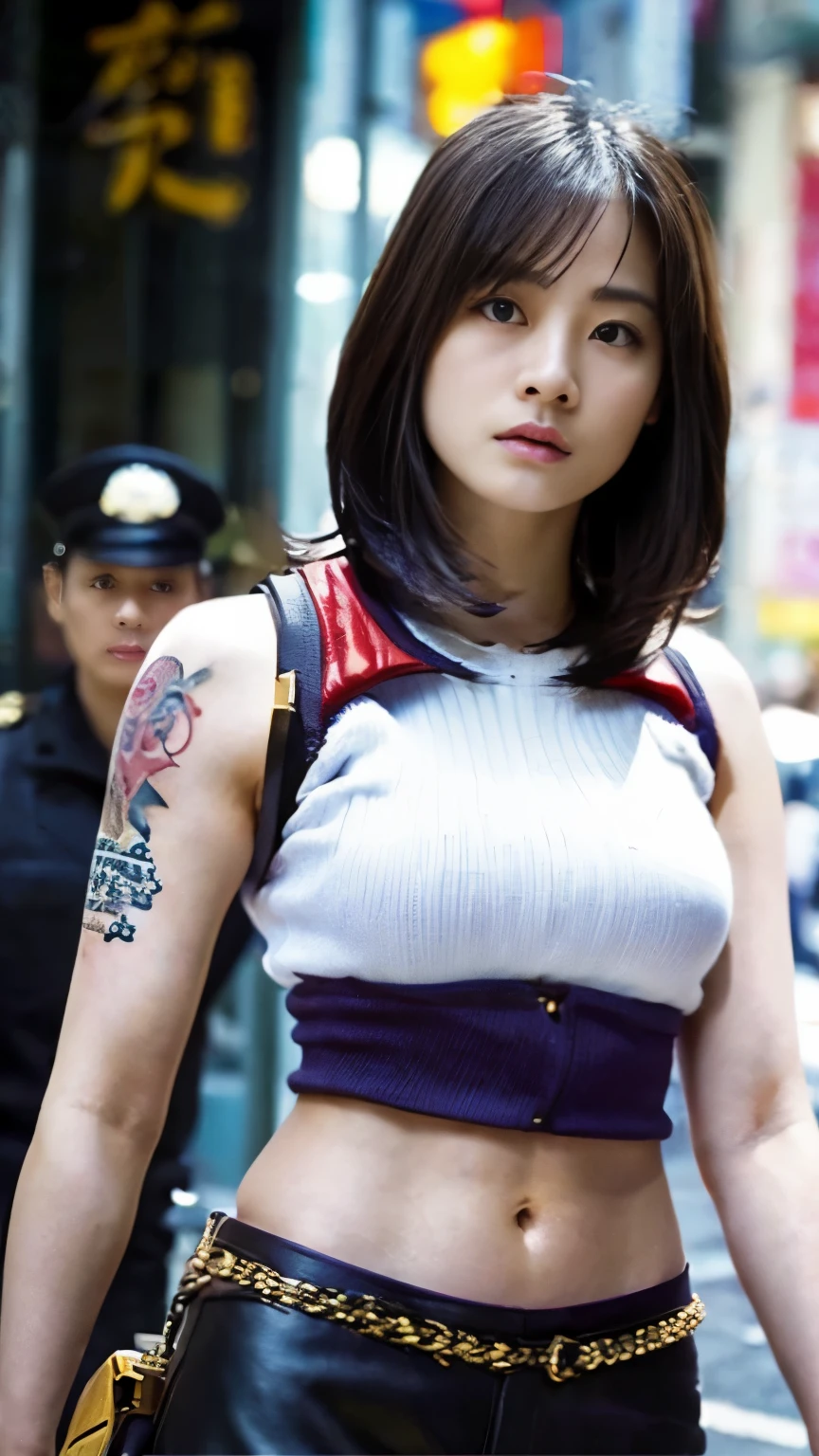 highest quality，masterpiece，Super detailed，8K, UHD，Beautiful woman，japanese woman，Expressionless，(Topless)，whole body，((tattoo))，slim，Black leather pants，black leather vest，(female mafia)，gangster，(cyberpunk city)，night，cinematic lightening，movie poster，underworld