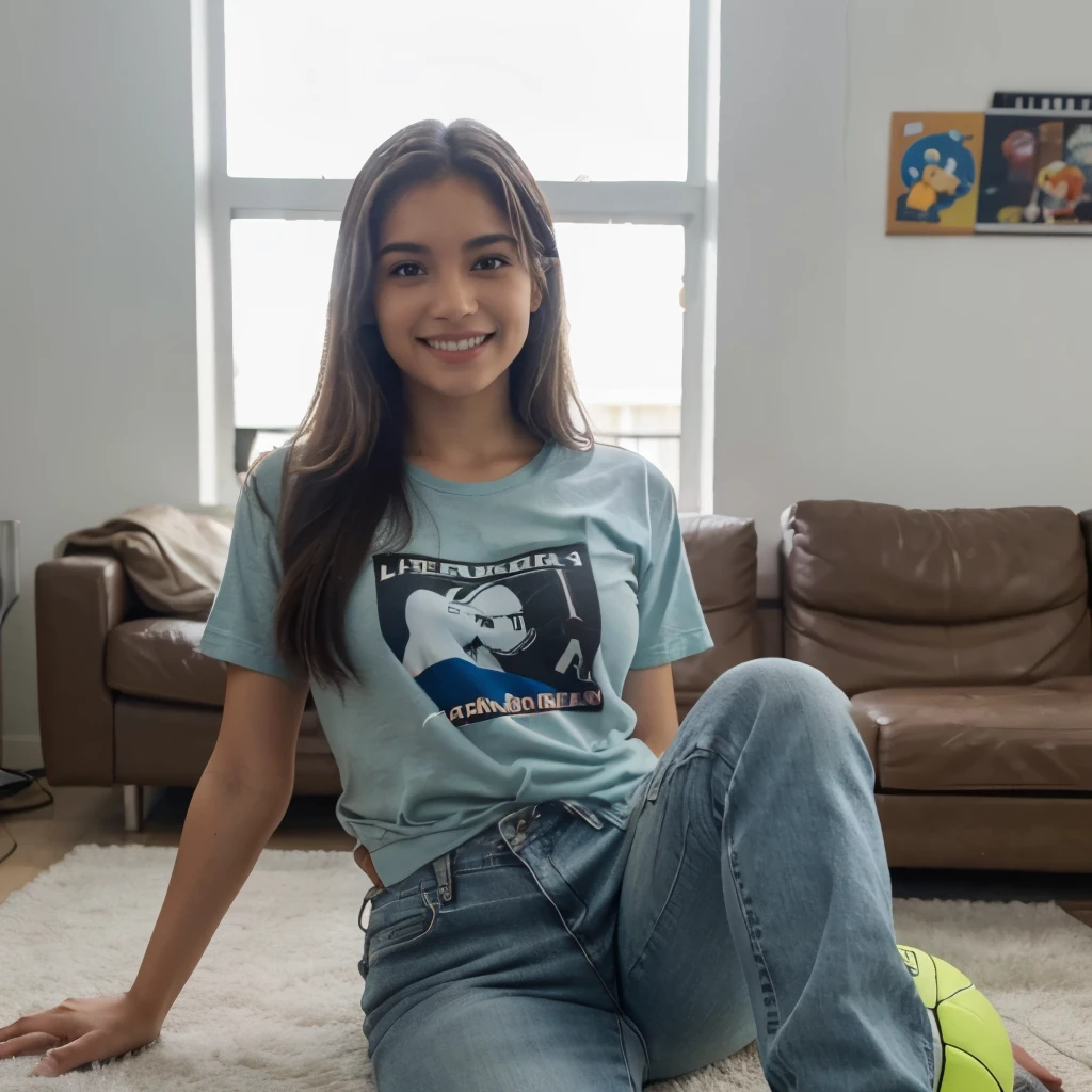 Mejor calidad: 1.0), (Super high resolution: 1.0), chica jovencita, ojos verdes, Chaqueta gris con cremallera, Camiseta de Nintendo, leve sonrisa, pantalones largos de jeans azules, Tenis azules y blancos, Sentado frente a la computadora jugando juegos, Antecedentes en la sala de eSports, tetona y culona