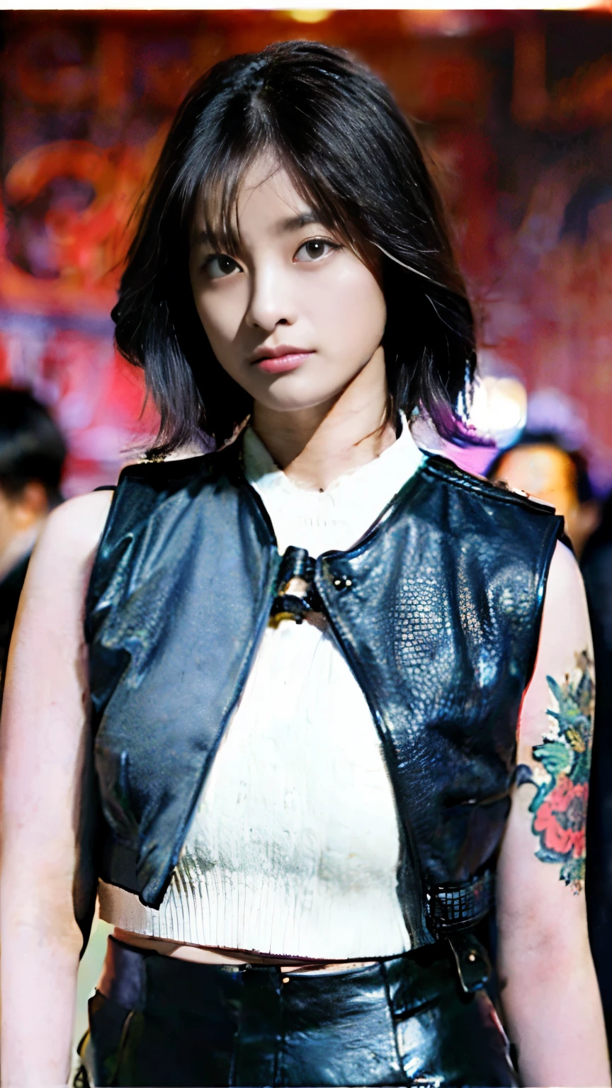 香港の路上にいるGang boss, A group of gang members stood behind,angry look,mixed korean,background is blurry,focal,movie lighting,(((master piece))), ((best quality)), ((intricate and detailed)), ((ultra realistic realism)), ridiculous solution, mature woman, mature woman, See-through, very detailed, enlightenment, 1 girl, (huge tit), thin waist and thick hips,long legs,beautiful and fine eyes, short and fine hair, brunette colored hair, purple eyes, (confused boy set:1.2),Leather Vest,leather pants,leather skirt,naked,KK,race,Has tattoos,arm with tattoo,Full of tattoos,gangs in hong kong,Chen Haonan,triad,Causeway Bay has a handle,gangster women in hong kong,underworld,Full tattoo,Gang boss,sunglasses,And there is blood in the corners of your mouth,gangstar,Confused boy,Bloody violence,Sexy and feminine,(No underwear),panties, Detailed background, perfect eyes, enchanting eyes, (nice hands),detailed hands,looking at the viewer,from the front,Wear the lights,(underworld),Confused boy,Behind him stood a large group of subordinates,