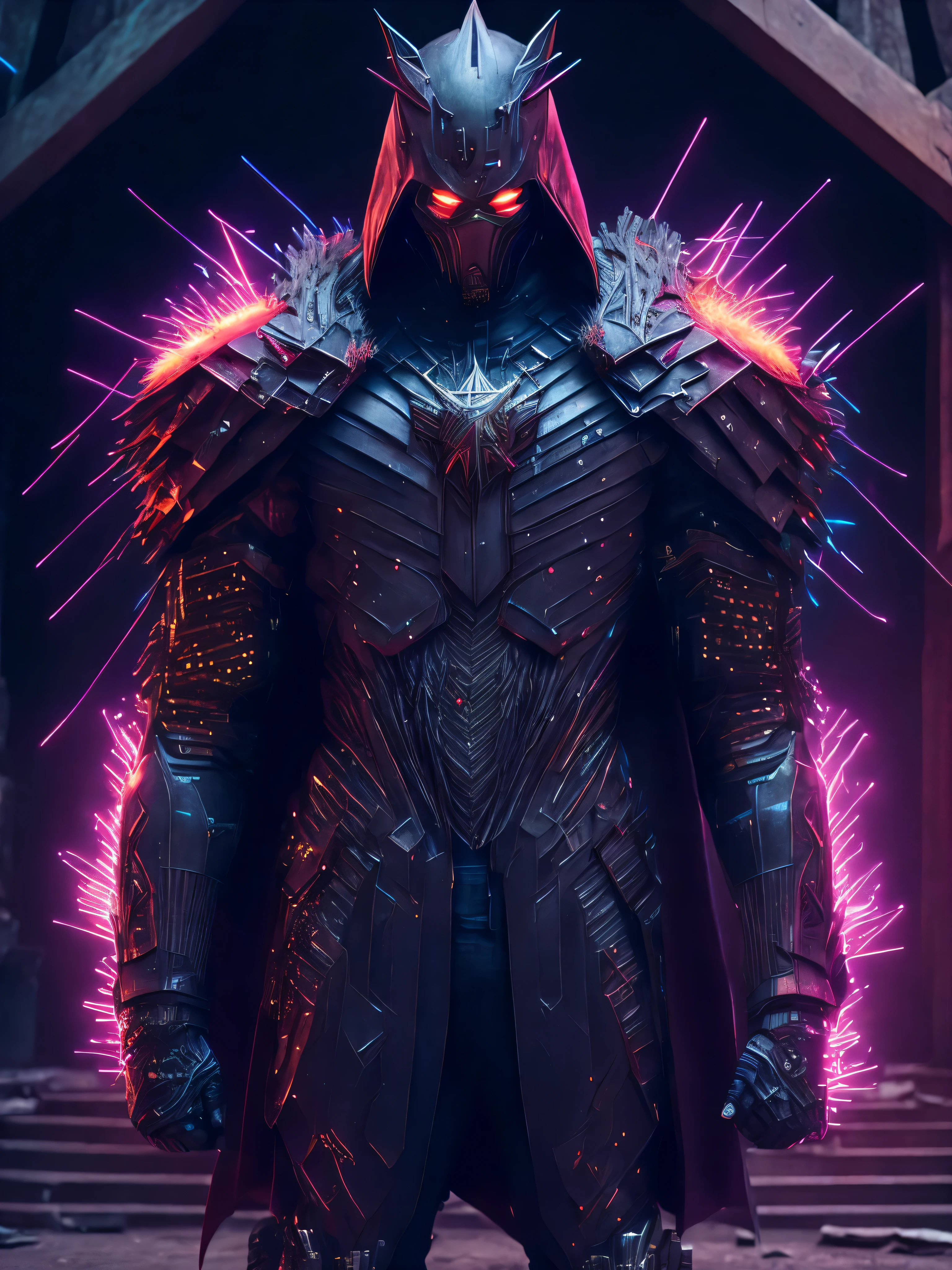 Full body Grim portrait of the Marvel made of wood with intricate angular cybernetic implants inside a brutalist building, gothic brutalist graveyard, cyberpunk, Foto premiada, Bokeh, Neon lights, cybernetic, fireworks in the background.