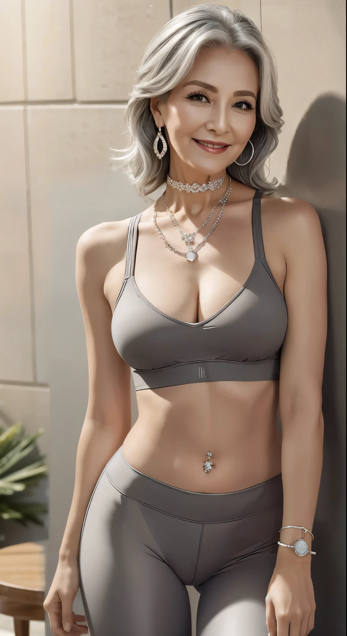 75 years old Mom MILF 韓国人, Lady large earring Big choker navel piercing decoration A bracelet Silver Hair realisitic Gorgeous Madame Beautiful Mature Woman sexy Smile Gentle woman navel piercing 4K 高画質