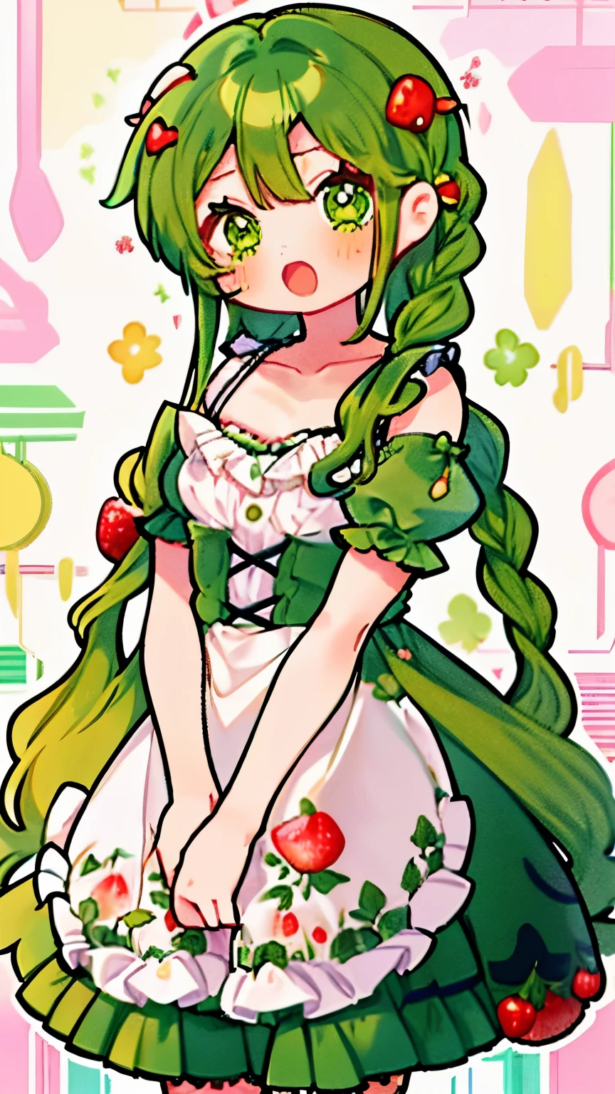 a girl anime girl with lots of green hair and strawberries around her, 1girl, green eyes, solo, green hair, braid, twin braids, flower, long hair, dress, hair ornament, smile, short sleeves, looking at viewer, food, hair flower, blush, strawberry hair ornament, frills, open mouth