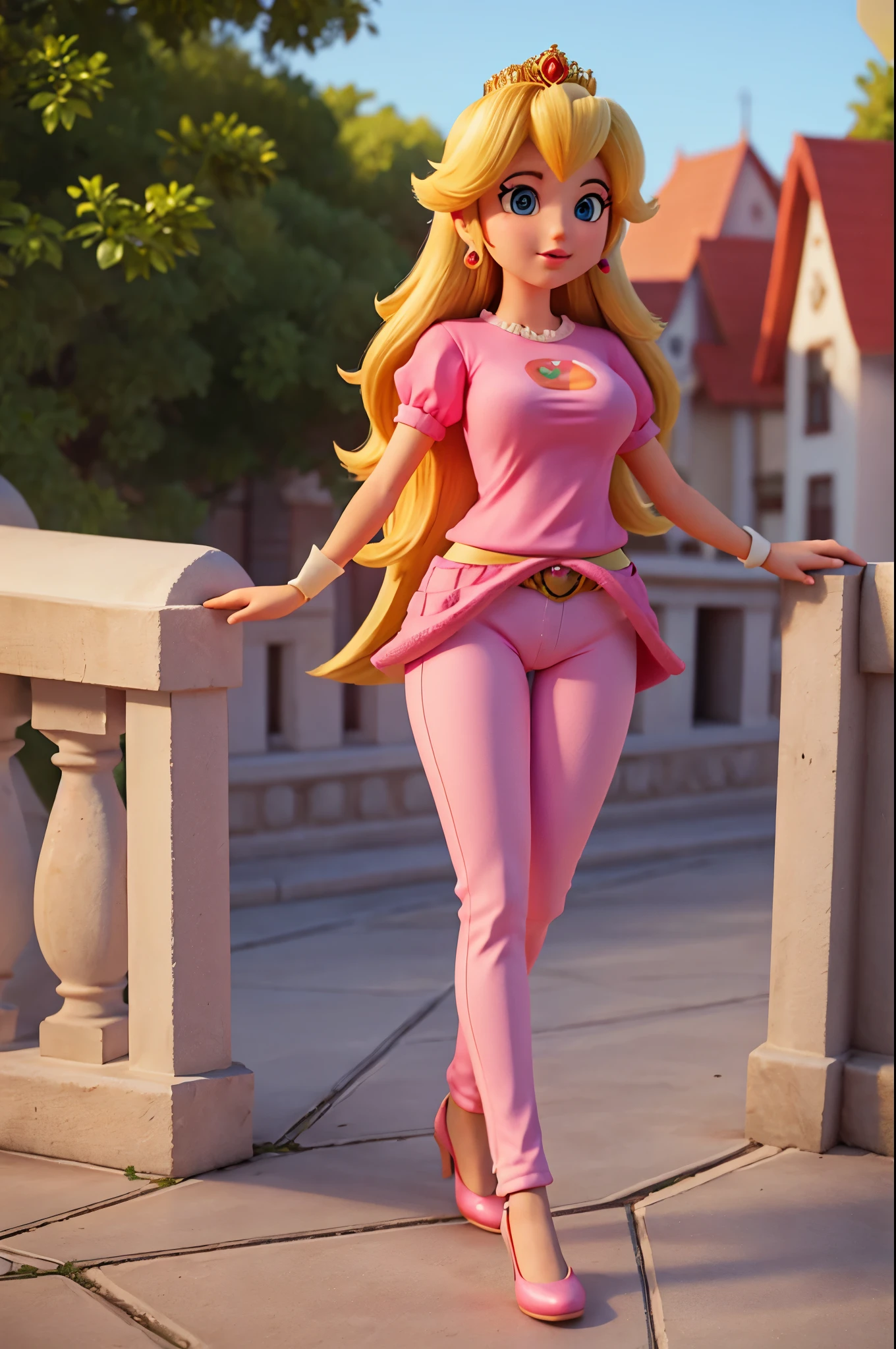 princess peach,High quality textures, textures with details, realistic clothing,ultra high textures,pants cotton,wide legs,view crotch,t shirt