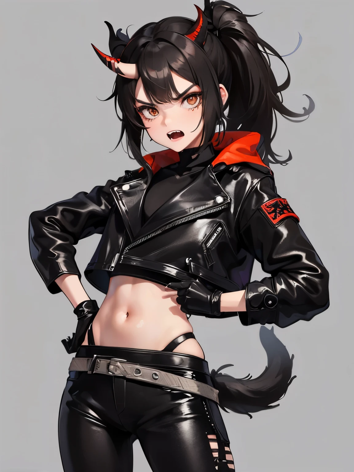 a girl, small horns of black hair, brown eyes, teeth were sharp as saws, wearing a black leather jacket with strange black symbols,Black fingerless gloves ,long black leather pants, sneakers black, black w tail, angry.
