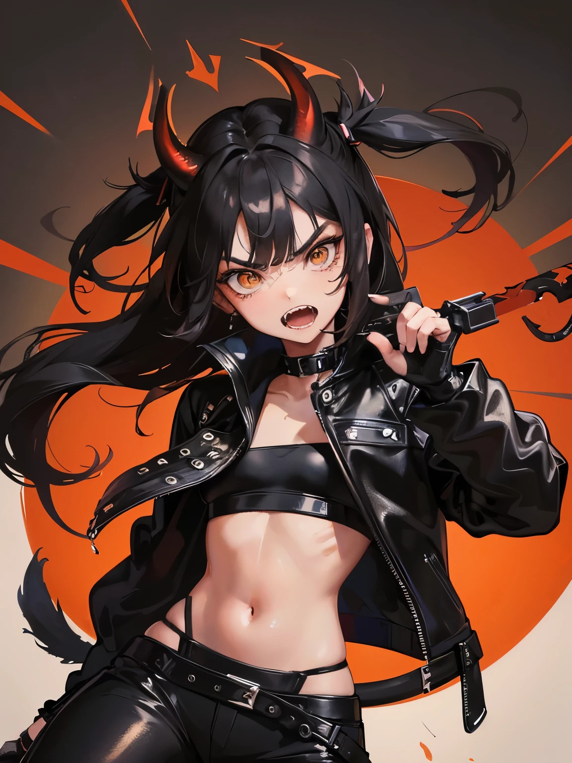 a girl, small horns of black hair, brown eyes, teeth were sharp as saws, wearing a black leather jacket with strange black symbols,Black fingerless gloves ,long black leather pants, sneakers black, black w tail, angry.
