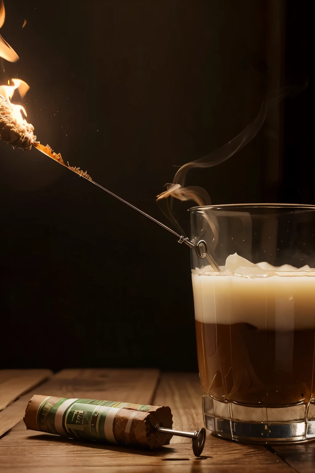 Doses de whisk, com um cigarro de maconha, garrafa de whisk importada, anos 90, full hd, 4k, ultra realista, dense smoke, garrafa de whisk decorada