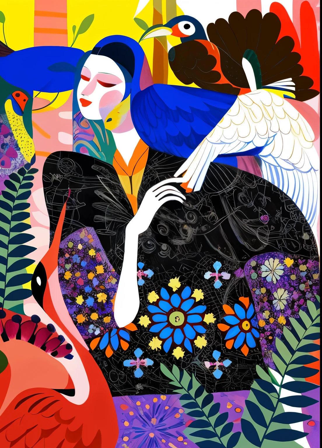 painting of a woman with a bird and a bird on her shoulder, colorful illustration, Direction: Zofia Stryjenska, contemporary art illustration, folkloric illustration, Direction: Jin Nong, por Silvia Pelissero, por Miroslava Sviridova, colorfull illustration, #illustration, por Yanagawa Nobusada, in style of digital illustration