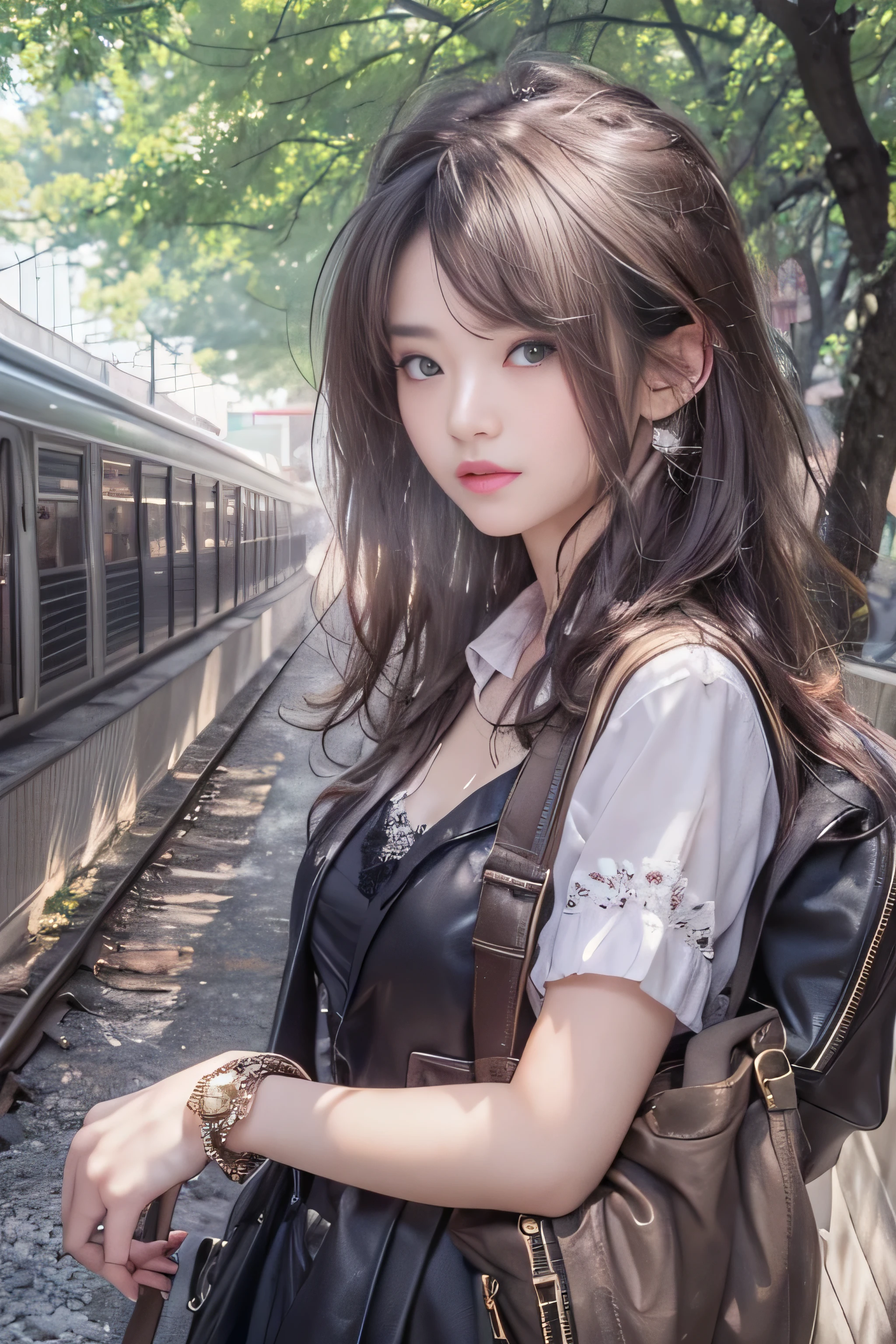 highest quality、High resolution、Super detailed、masterpiece、(Live shooting:1.5)、genuine:1.5、photogenuineistic:1.5、very delicate and beautiful、small details、1 female、(late 20s:1.2)、(super beautiful)、(beautiful face:1.5)、(detailed face:1.5)、There is a sad and open leather cover、That person in your high school graduation photo has kind eyes..、I was swept away by the crowd、It's changing、The path under the swaying willow、Now it can only be seen from the train、You are my youth