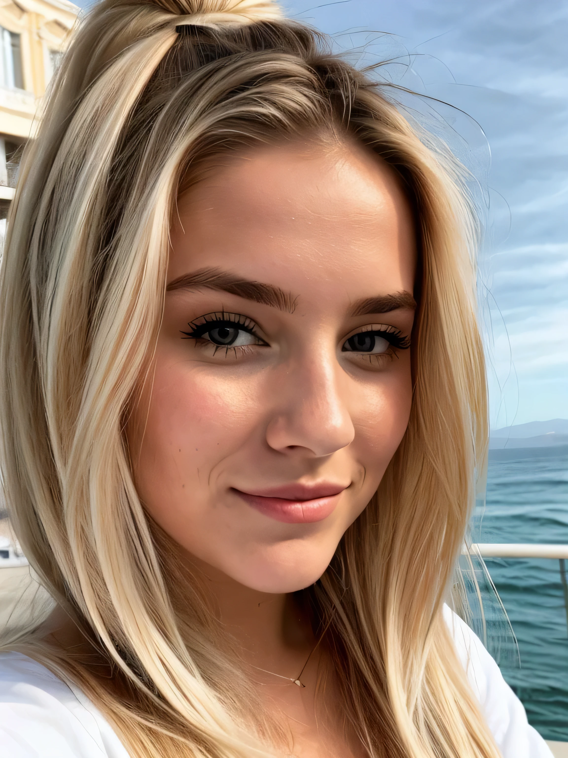 une femme blonde de 23 ans prend un selfie en plein air au soleil, on the Promenade des Anglais in Nice, la mer couvre tout le fond, Photorealism, Blonde Hair with Light Brown Roots, cheveux blond, Cheveux avec des racines brunes, Very long hair, yeux bleus, belle femme, vue de face, Extreme close-up of the face, zoom sur le visage, elle porte un blouson blanc d'hiver, high quality, selfie, her hair is tied behind her head with a ponytail, her hair is stuck to her head
