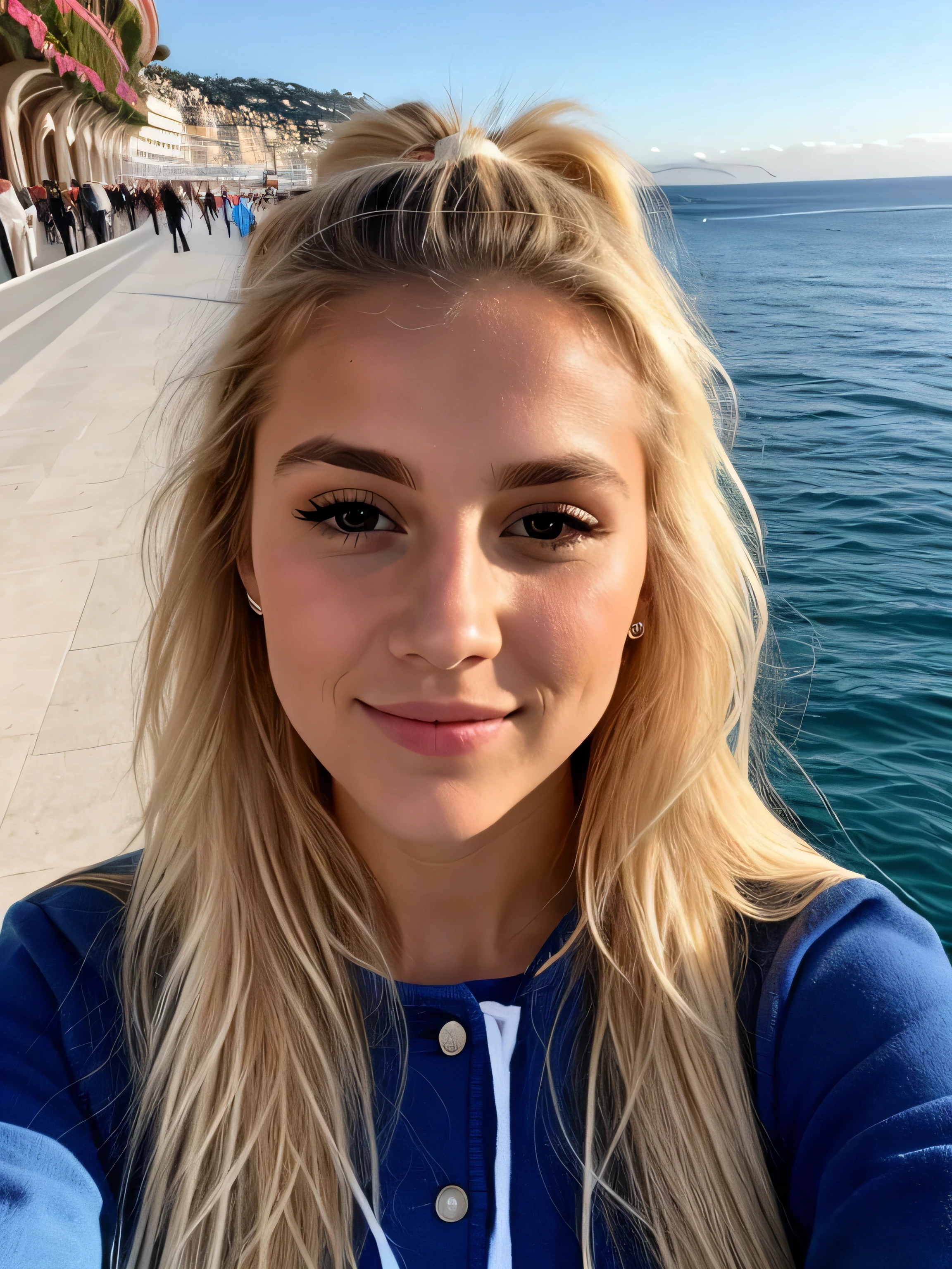 une femme blonde de 23 ans prend un selfie en plein air au soleil, on the Promenade des Anglais in Nice, la mer couvre tout le fond, Photorealism, Blonde Hair with Light Brown Roots, cheveux blond, Cheveux avec des racines brunes, Very long hair, yeux bleus, belle femme, vue de face, Extreme close-up of the face, zoom sur le visage, elle porte un blouson blanc d'hiver, high quality, selfie, her hair is tied behind her head with a ponytail, her hair is stuck to her head