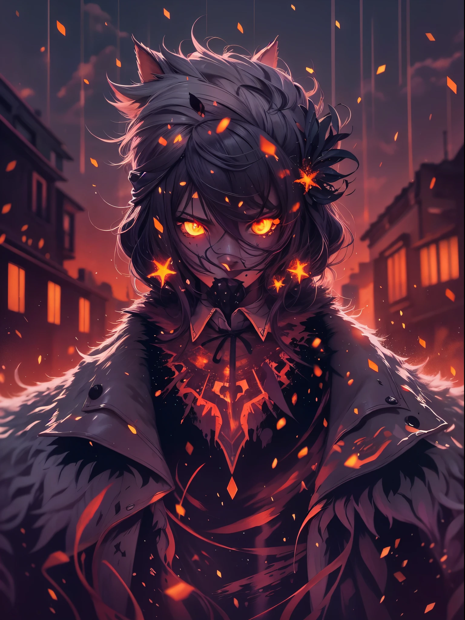 Silueta de un cazador en la ciudad de Yanan, transmitido por la sangre, ojos brillantes, T-shirt design, Dark Magic Splash, Gothic, halloween, degradado naranja quemado, magica, naturaleza, fondo limpio, Magic splash, arte vectorial 3D, fantasy art, Efecto acuarela, Bokeh, Adobe Illustrator, dibujado a mano, Pintura digital, Soft lighting, isometric style, retro aesthetic, 4k-resolution, usando Cinema 4D, natural  lighting, Kinematic, obra maestra, Altamente detallado, intrincado, textura extrema, horror, Terry Fassing, horripilante, asustadizo