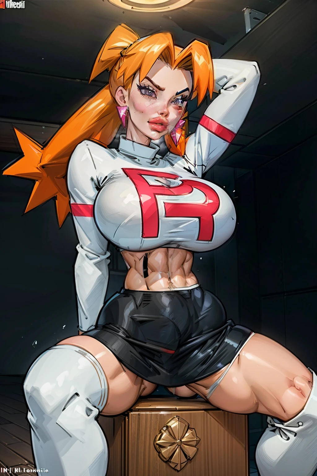 ((masterpiece)),best quality,1girl,mag ,, (gigantic breasts:1.3),wide hips,thick thighs,light particles,sitting,spread legs,arms behind back,spacecraft interior,bedroom,(science fiction),from below, ((intricate lighting)), ((slendered abs:1.3)), v cut abs, Cassidy aesthetic, white gloves, high heels, (aletta ocean face), (puffy lips), FernFrieren, ((tight black skirt)), (thong under skirt), ((v cut abs, slendered abs)), (black shoulders), (black breasts:1.2), very long hair, ((orange hair)), eyes, ( pupils), ((black top)), giant letter R on top, ((long white boots)), ((over thigh boots)), looking down, ((black team rocket uniform:1.3)), (navel piercing:1.2), straight-on, expressionless, (detailed face), arms spread out, standing for battle, looking at viewer, (gigantic breasts:1.4), ultra detailed, masterpiece, best quality, aesthetic, detailed, hair, thick thighs,small waist