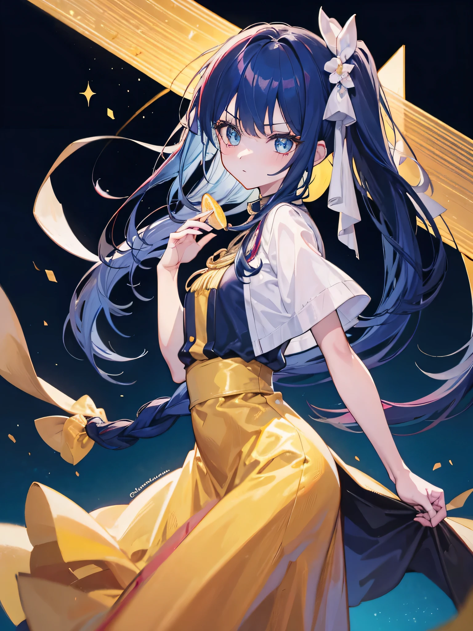 1 girl，white long hair，single side weave，(yellow flower headdress:0.3)，nice dress，，dark blue hair，white long hair，I have an extra braid on my head，Normal long hair and a ponytail on one side of the head，extra ponytail，There is a little blonde hair in the bangs，some golden bangs