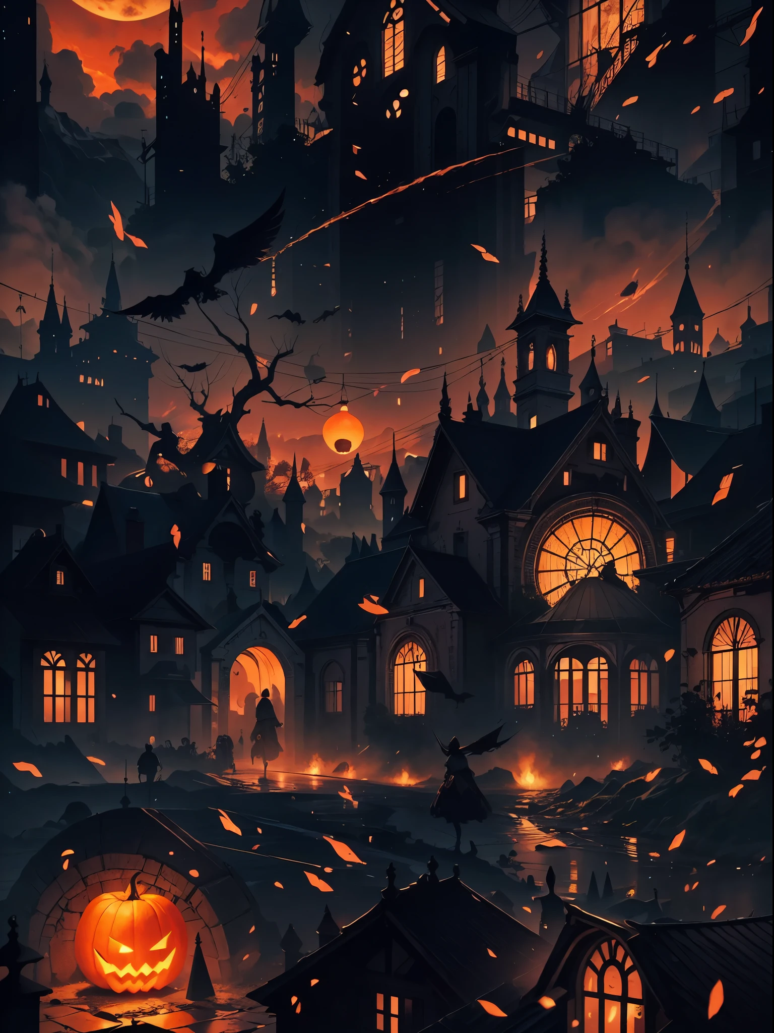 Silueta de un cazador en la ciudad de Yanan, transmitido por la sangre, ojos brillantes, T-shirt design, Dark Magic Splash, Gothic, halloween, degradado naranja quemado, magica, naturaleza, fondo limpio, Magic splash, arte vectorial 3D, fantasy art, Efecto acuarela, Bokeh, Adobe Illustrator, dibujado a mano, Pintura digital, Soft lighting, isometric style, retro aesthetic, 4k-resolution, usando Cinema 4D, natural  lighting, Kinematic, obra maestra, Altamente detallado, intrincado, textura extrema, horror, Terry Fassing, horripilante, asustadizo