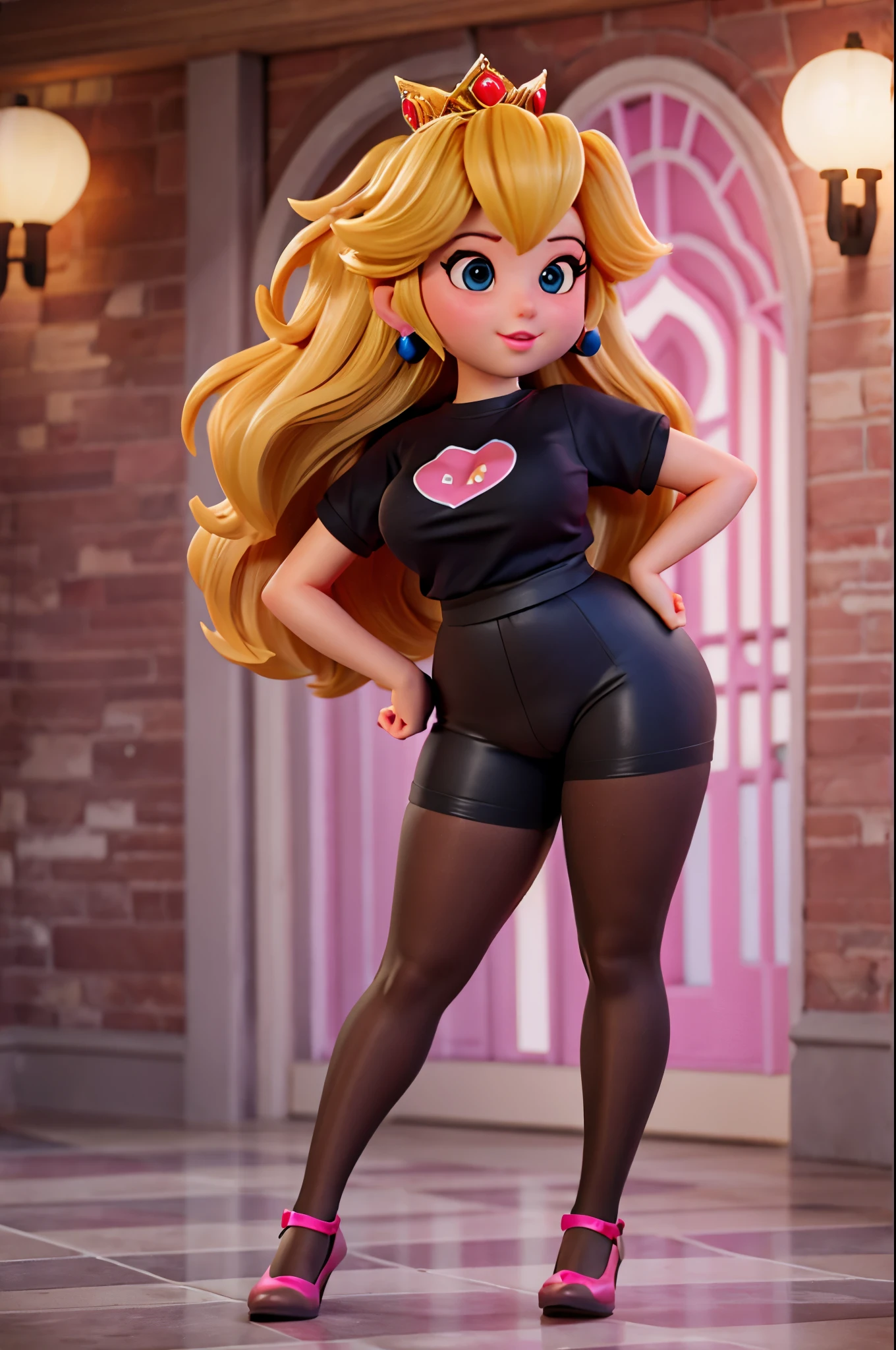 princess peach,thick thighs,black pantyhose,t shirt pink,view crotch