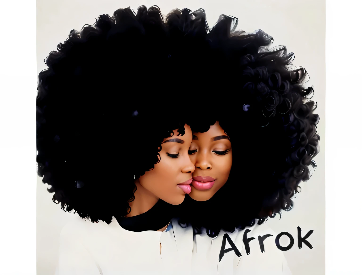 2 african females with afro hair, one facing forward and one turned to the side. both with eyes and smiling mouth completely closed