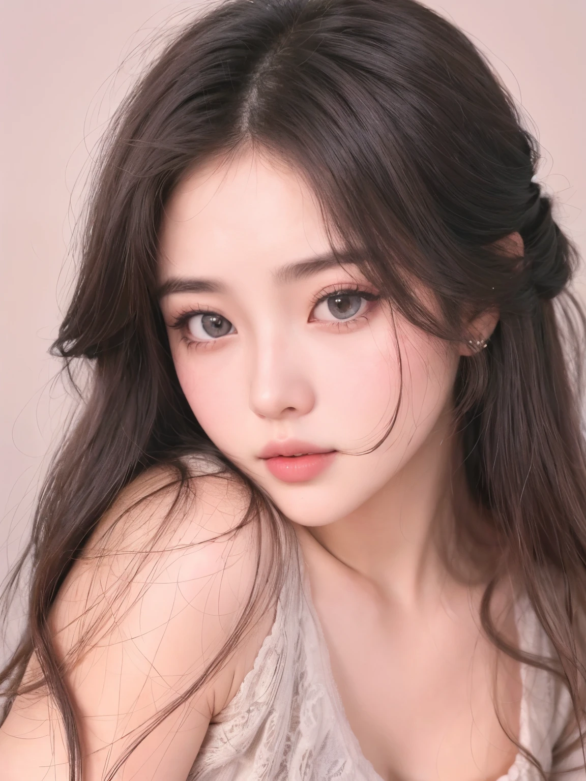 um close up de uma mulher com cabelos longos e uma regata grisalha, Ulzzang, beautiful aesthetic face, 🤤 retrato de , pale round face,  coreana, garota cara fofa, fair and pale skin!!, ruan fofo vtuber, dilraba dilmurat, Modelo IG | artegerm, retrato suave, foto de perfil de foto de retrato