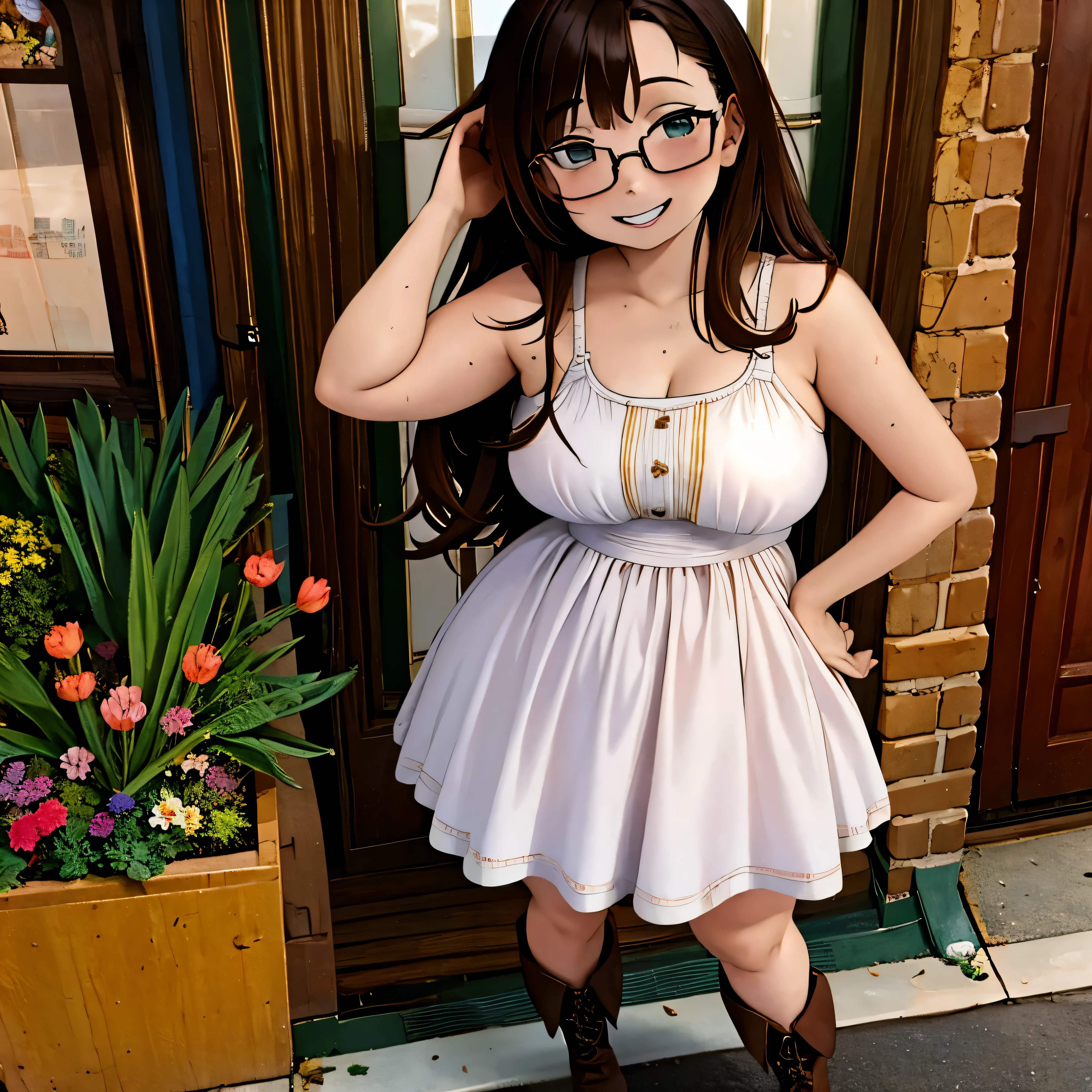 (masterpiece, best quality:1.2), 1girl, solo, 1girl, woman in light fabric sundress, long boots ((cute and smiling expression), standing on the sidewalk, long legs, very big thighs, narrow shoulders,, large nose, asymmetrical hair, hand on hip, thick rimmed round glases, (((small breasts))), plump