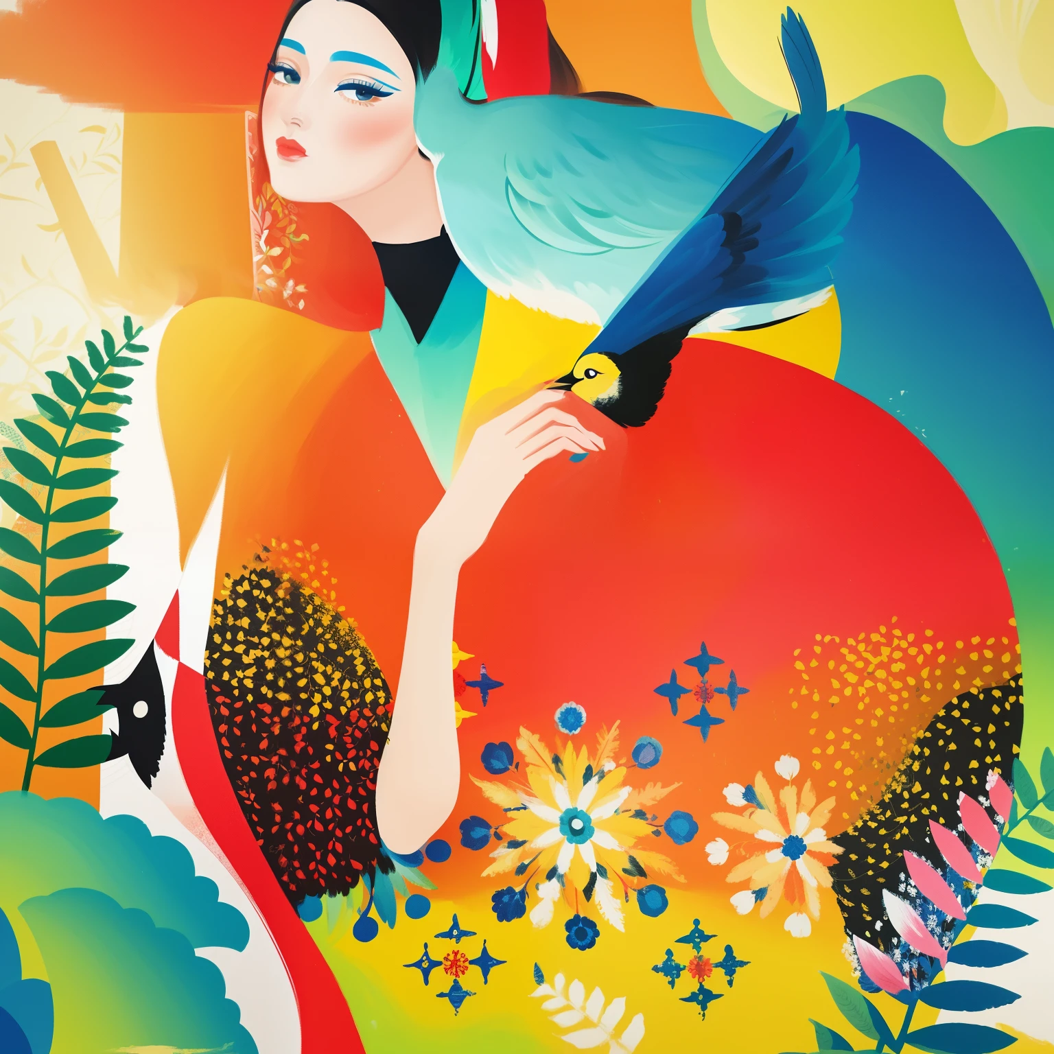 painting of a woman with a bird and a bird on her shoulder, colorful illustration, Direction: Zofia Stryjenska, contemporary art illustration, folkloric illustration, Direction: Jin Nong, por Silvia Pelissero, por Miroslava Sviridova, colorfull illustration, #illustration, por Yanagawa Nobusada, in style of digital illustration