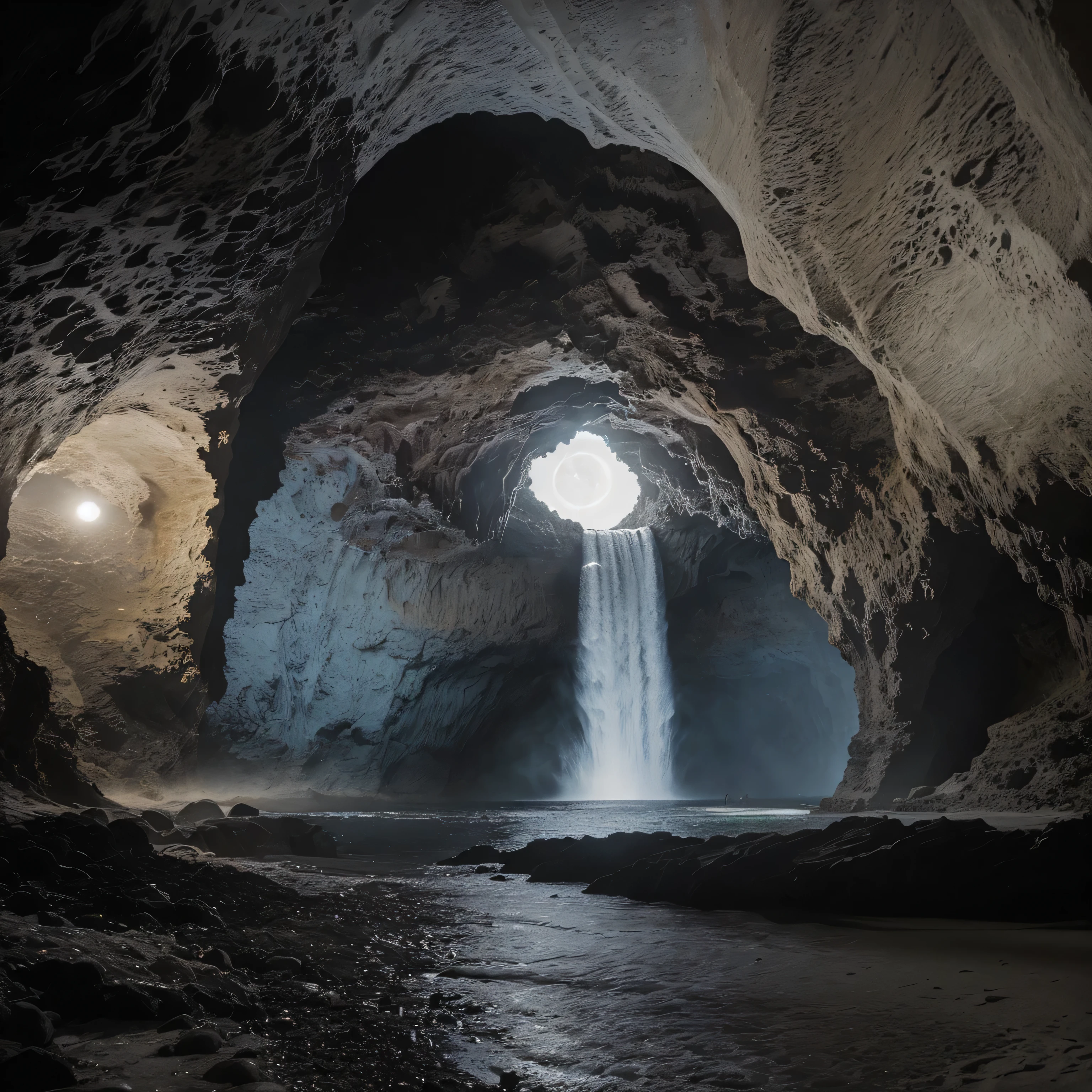 a perfect beach into a cave night full moon waterfall
