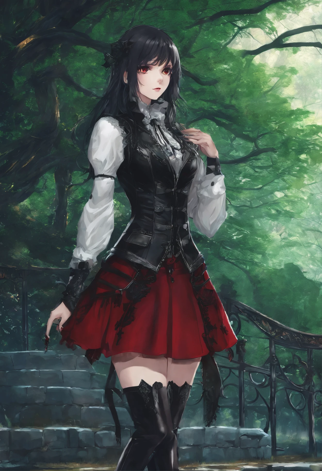 One, masterpiece, Best quality, very detailed, finely detail, depth of field, anime screenshot,1 girl in black leather boots, red leather mini skirt and vest, nature,default