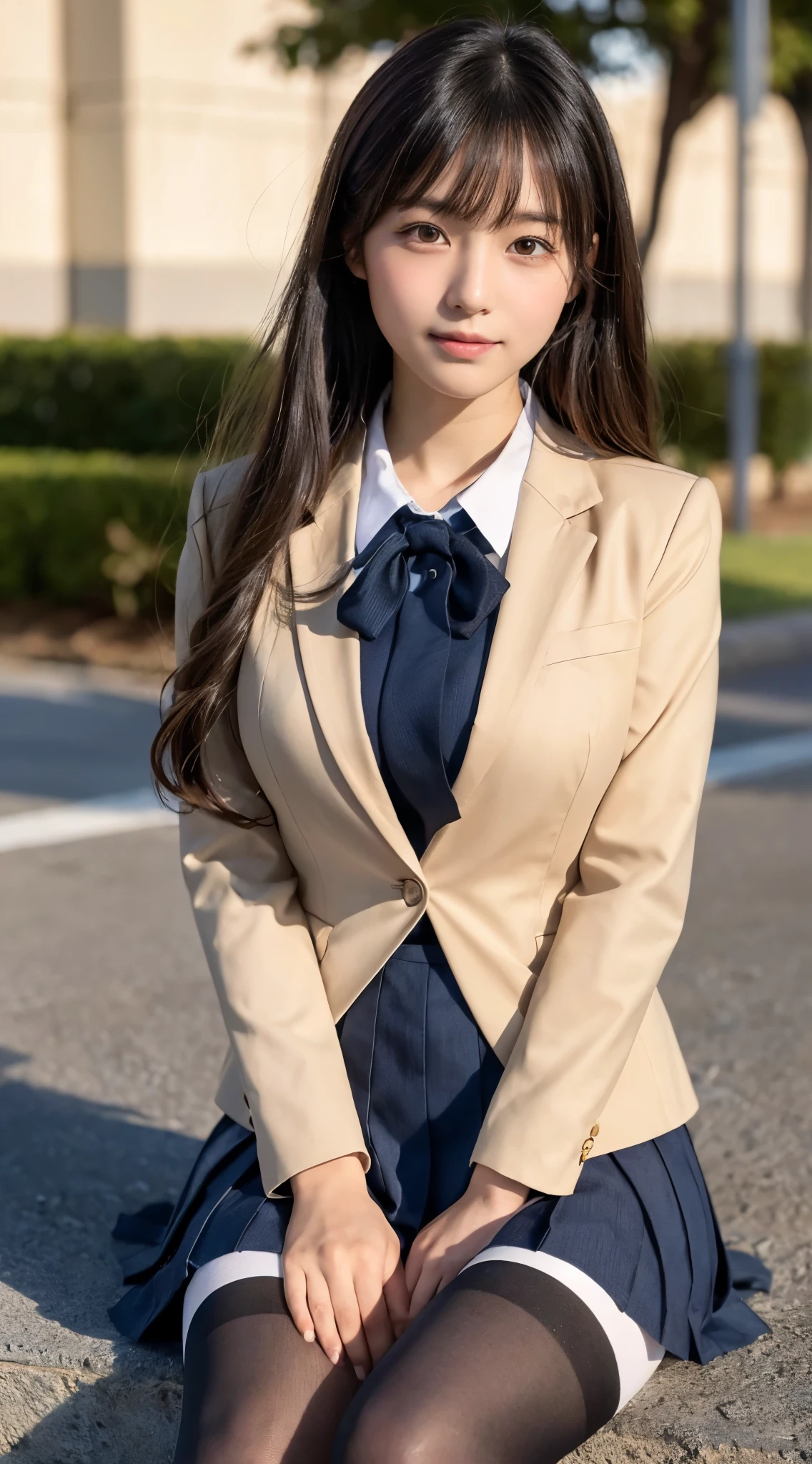 ((highest quality、(NSFW、((camel toe))、highest quality、masterpiece、ultra high resolution、8K、highest quality、Drawn details)、(I photographed the whole body)、(tilt one side'head of)、17-year-old high school girl、very beautiful shape、Navy blue blazer uniform、dark blue mini skirt、Take off your pure white panties and show off your crotch、ribbon tie、Beautiful girl with black hair、Straight long hair with black hair、strong wind blowing、fluttering hair、Show ears、、Scenery behind the school building、Wind behind the school gymnasium、