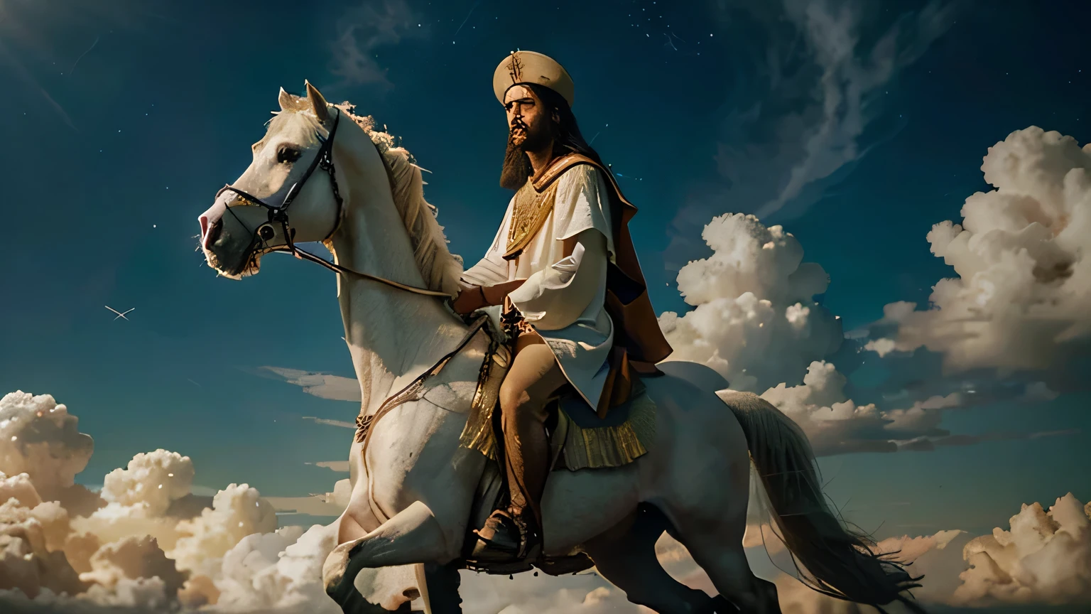 The coming of Jesus in power and great glory, riding a white horse from the clouds, is described as a majestic and triumphant event in the biblical narrative. In this portrayal, the sky will open, revealing a celestial scene of divine splendor. Jesus will emerge riding a white horse, symbolizing purity, victory, and righteousness.
His arrival will be marked by a radiant display of glory, with a powerful and overwhelming presence. The clouds will serve as both a dramatic backdrop and a mode of transportation for Jesus, emphasizing the supernatural nature of His return. As He descends from the clouds, the atmosphere will be charged with an aura of divine authority and majesty.
The imagery includes Jesus coming with power, signifying His absolute sovereignty and dominion over all creation. His glory will shine forth, possibly depicted as a radiant light, symbolizing the divine nature and the manifestation of His divine attributes. The white horse, a traditional symbol of conquest and purity, reinforces the idea of Jesus as a triumphant and righteous ruler.
The scene may evoke a sense of awe and reverence, with onlookers witnessing this extraordinary manifestation of the divine. The colors and elements in the depiction would convey a celestial atmosphere, emphasizing the supernatural and transcendent nature of Jesus' return.
In essence, the description emphasizes the majestic and glorious nature of Jesus' second coming, portraying Him as a conquering and righteous King, arriving with unparalleled power and authority, riding a white horse from the heavenly clouds. I want the face of the my character be vey hyperrealistic