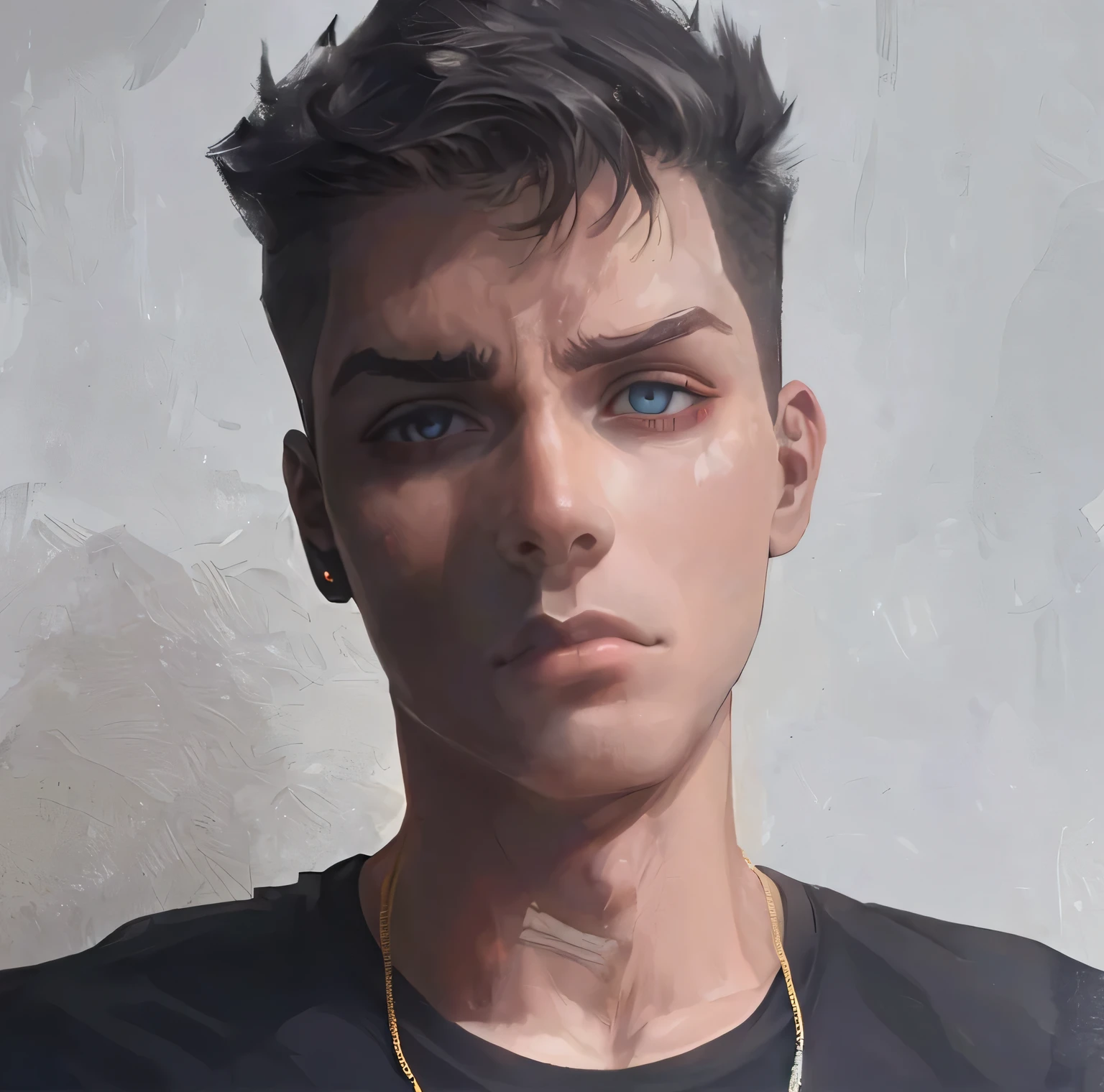 ((serious and masculine expression)) Estilo Anime, pop art, fundo branco, paint puddle marks on the scene and on the boy, olhos detalhados, foto detalhada, luzes de estudio, ((foto profissional)) ((olhos castanhos)) ((luzes profissionais)), ((cabelo ondulado topete castanho)), ((corente de ouro)), ((camiseta preta))