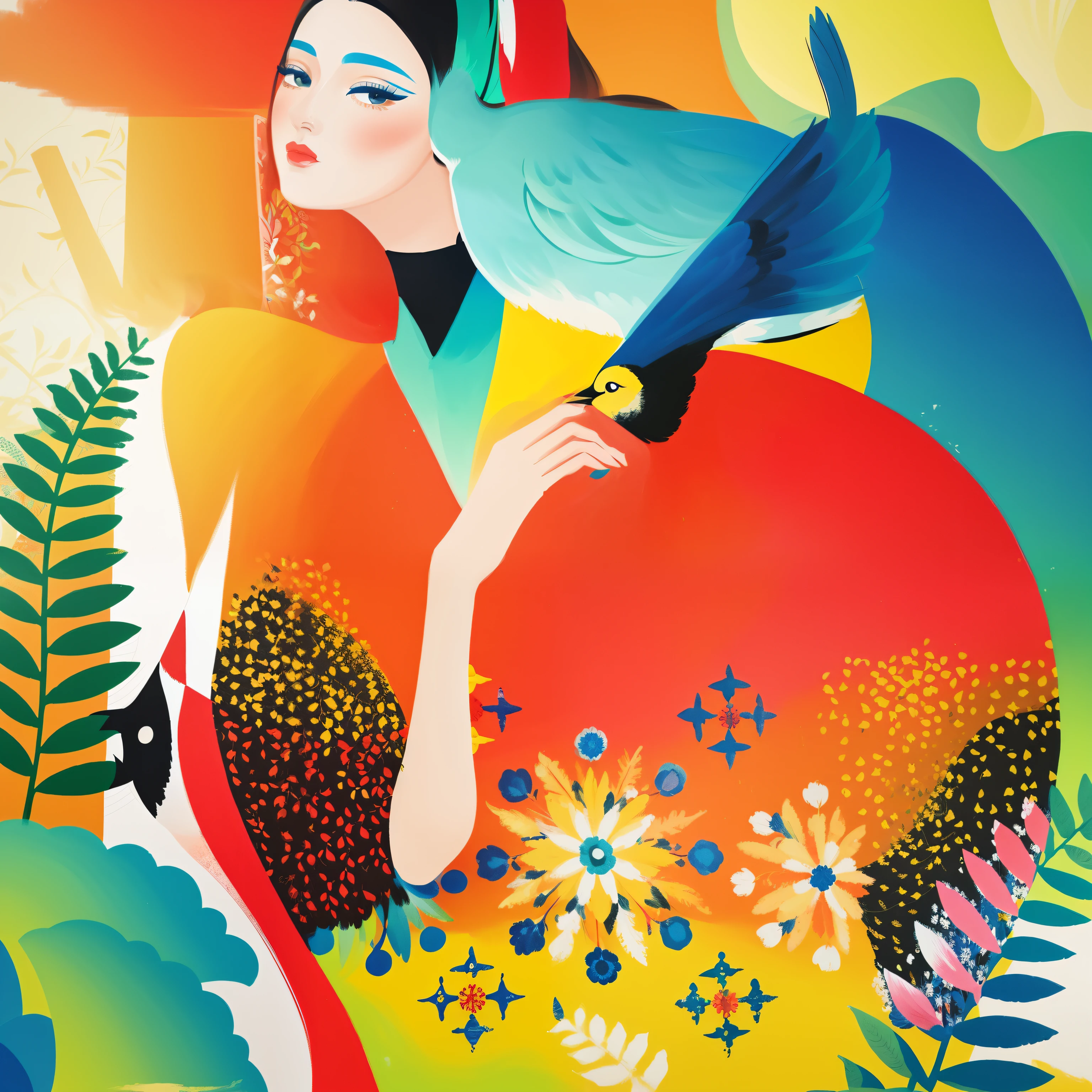 painting of a woman with a bird and a bird on her shoulder, colorful illustration, Direction: Zofia Stryjeńska, contemporary art illustration, folkloric illustration, Direction: Jin Nong, por Silvia Pelissero, por Miroslava Sviridova, colorfull illustration, #illustration, por Yanagawa Nobusada, in style of digital illustration